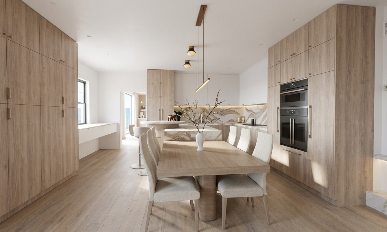 Modern kitchen, stone island with timber dinging table and bar, condo remodel in Miami, designed by TID Studio 