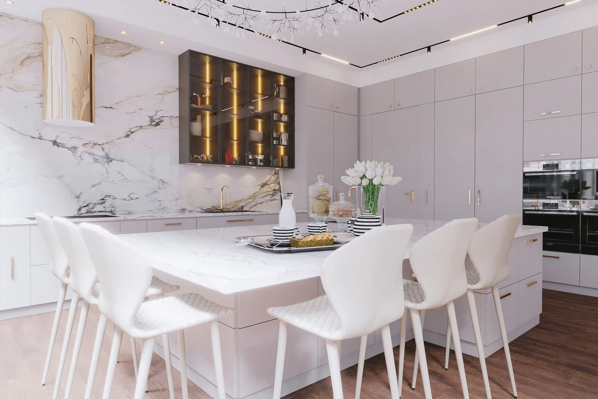 Luxury kitchen with Calacatta marble island, integrated appliances, and illuminated glass cabinet
