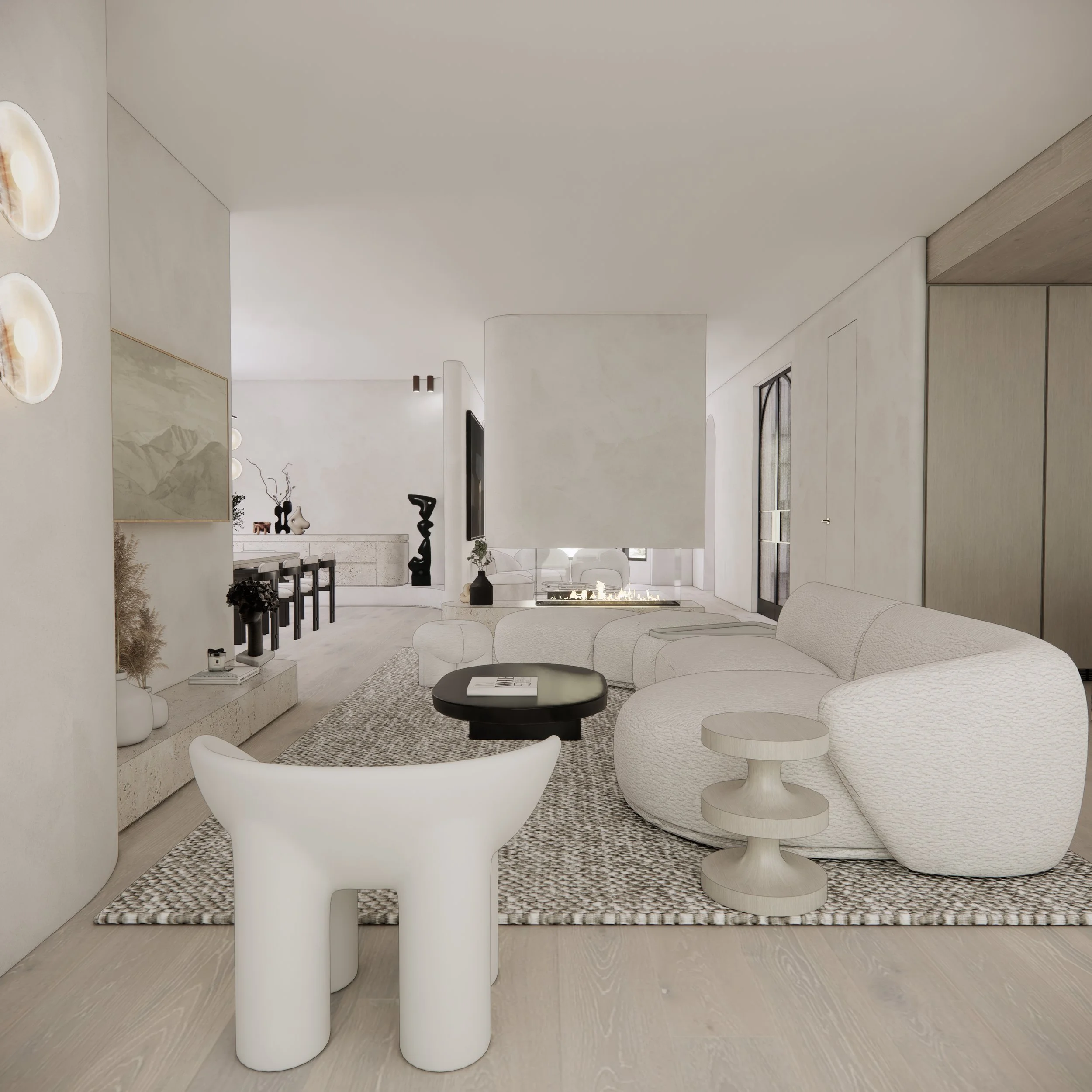 Contemporary Wabi-Sabi living room with curved sofa and neutral tones