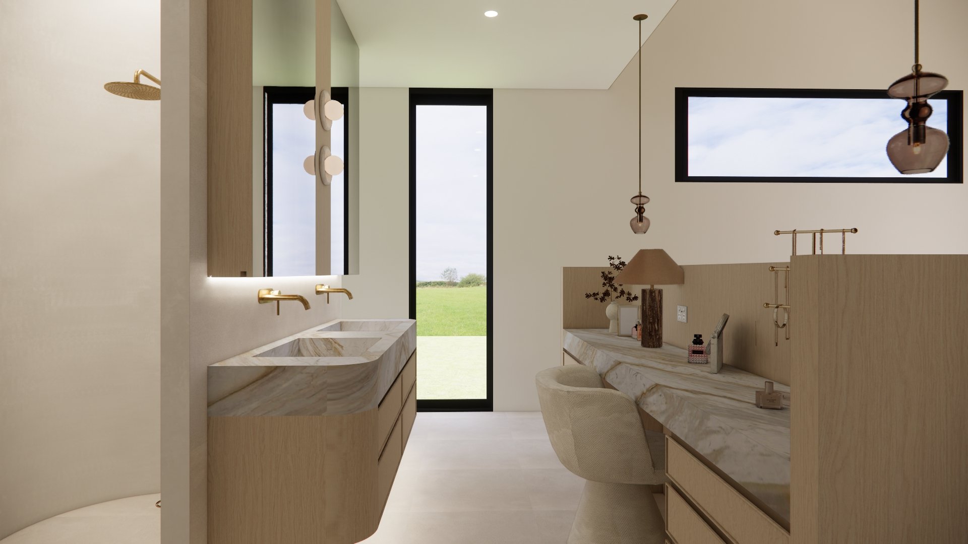 Contemporary ensuite with double vanity, curved shower and natural stone finishes