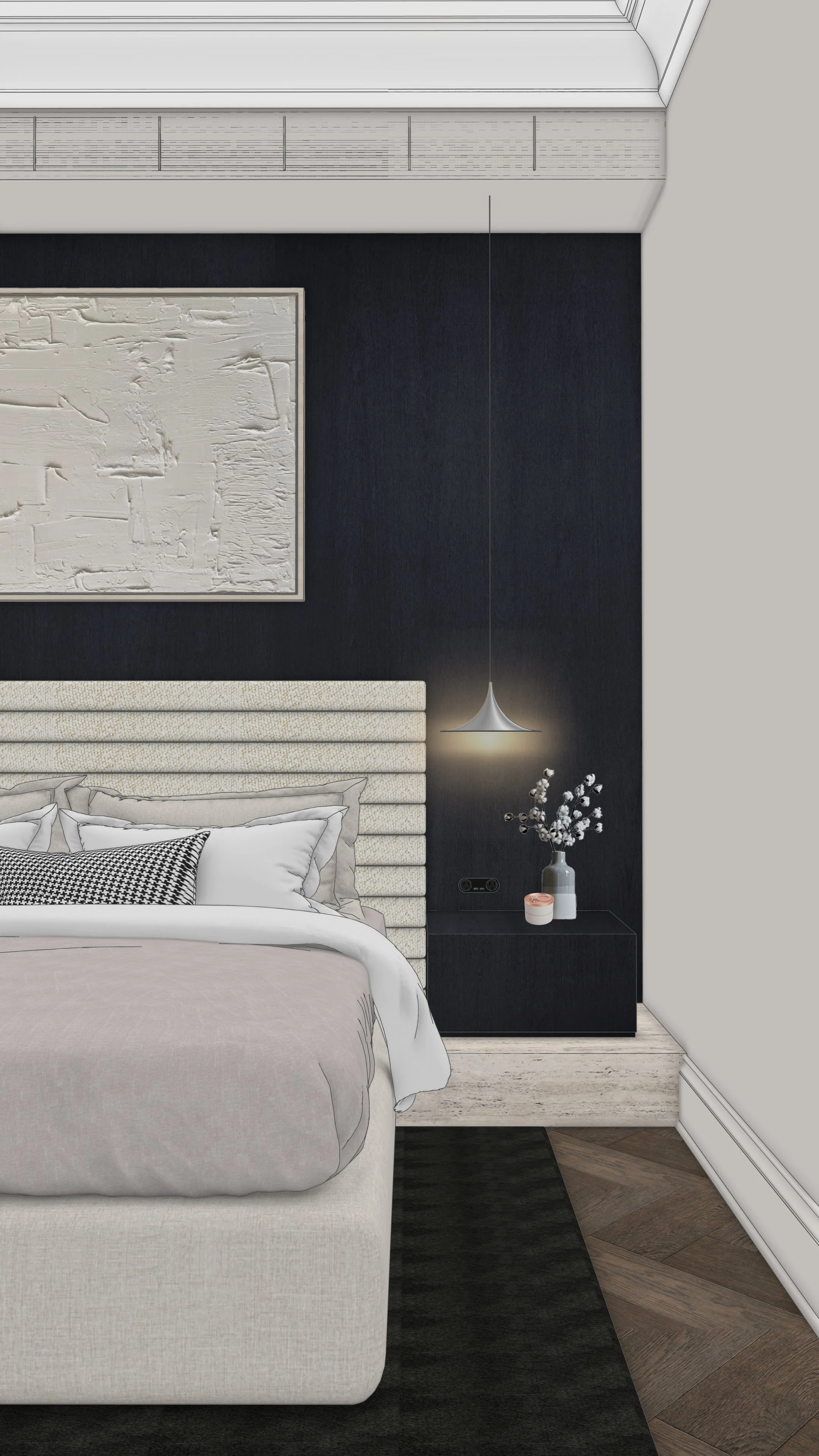 Master bedroom with dark panelled feature wall and upholstered bed in restored Sydney terrace