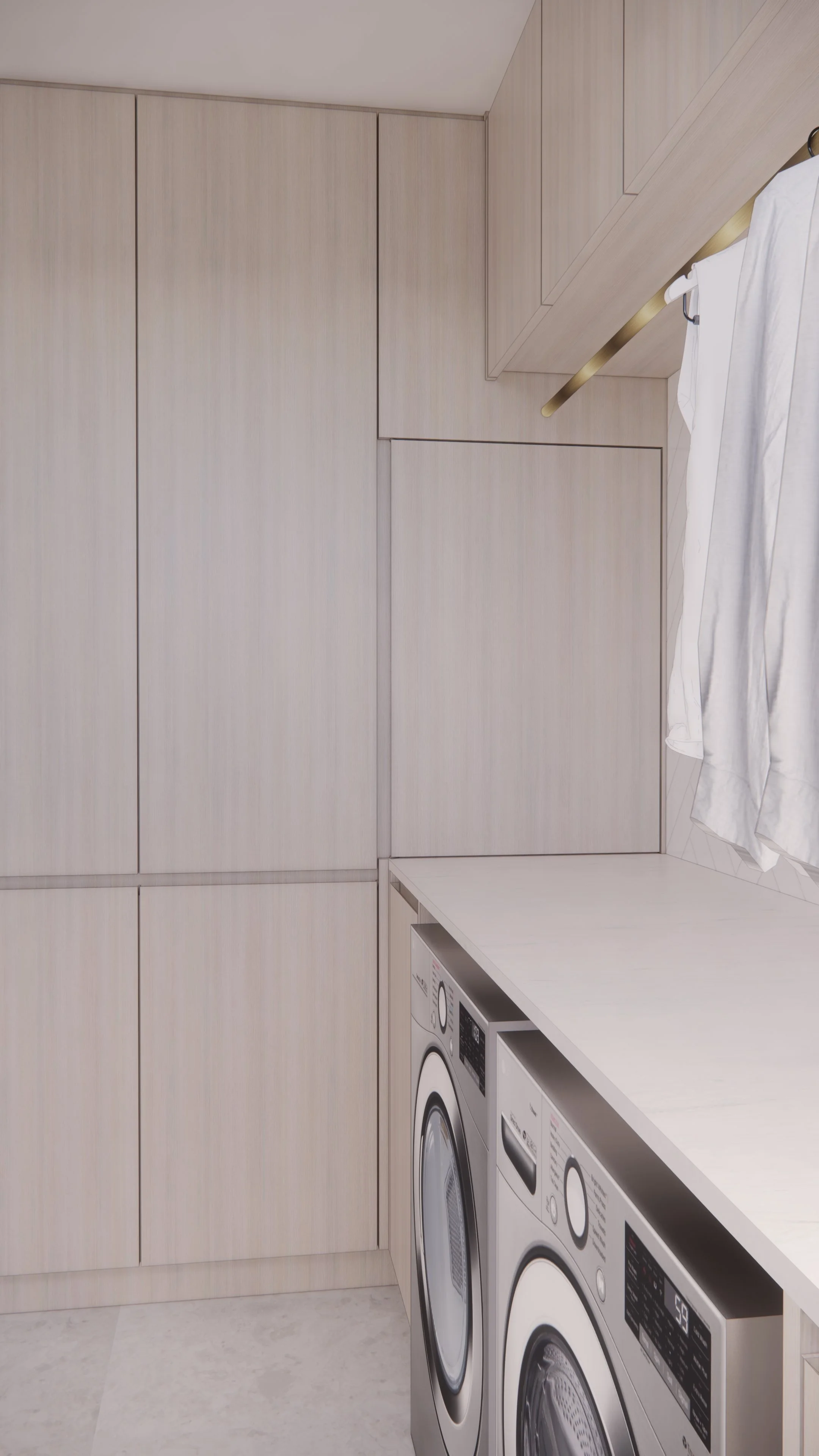 Modern coastal laundry light timber cabinetry and neutral palette — Auriga Residence by TID Studio, Brisbane