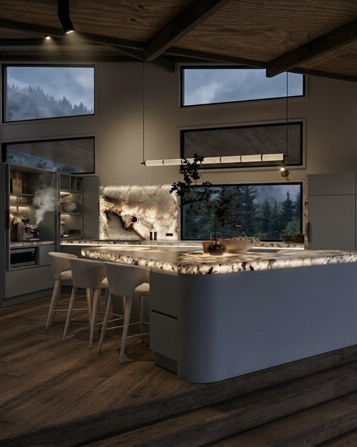 Contemporary timber kitchen with sculpted stone island overlooking mountain views — modern mountain chalet renovation, interior design by TID Studio