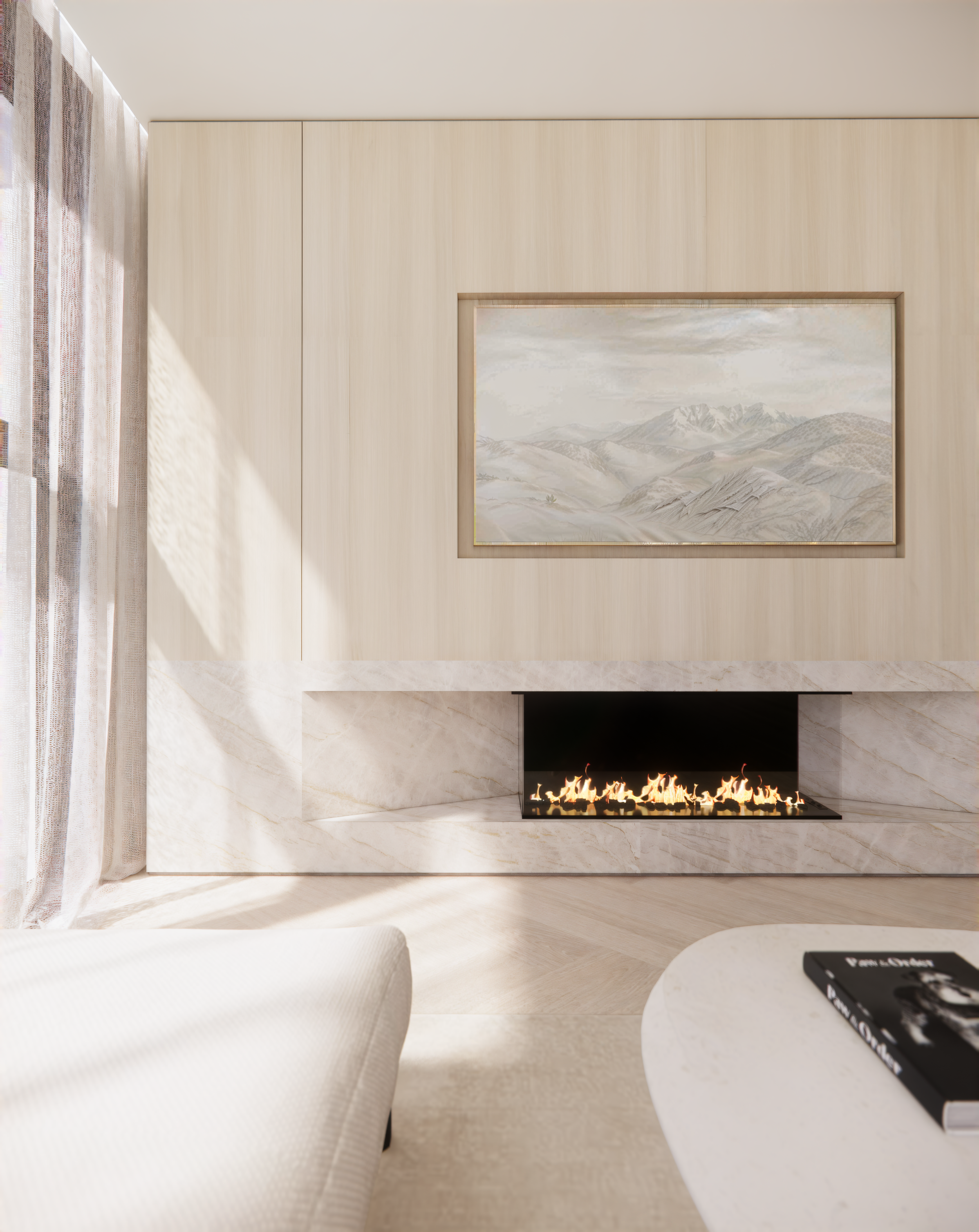 Modern contemporary living room with fireplace in the neutral colour palette designed by TID Studio in Sydney