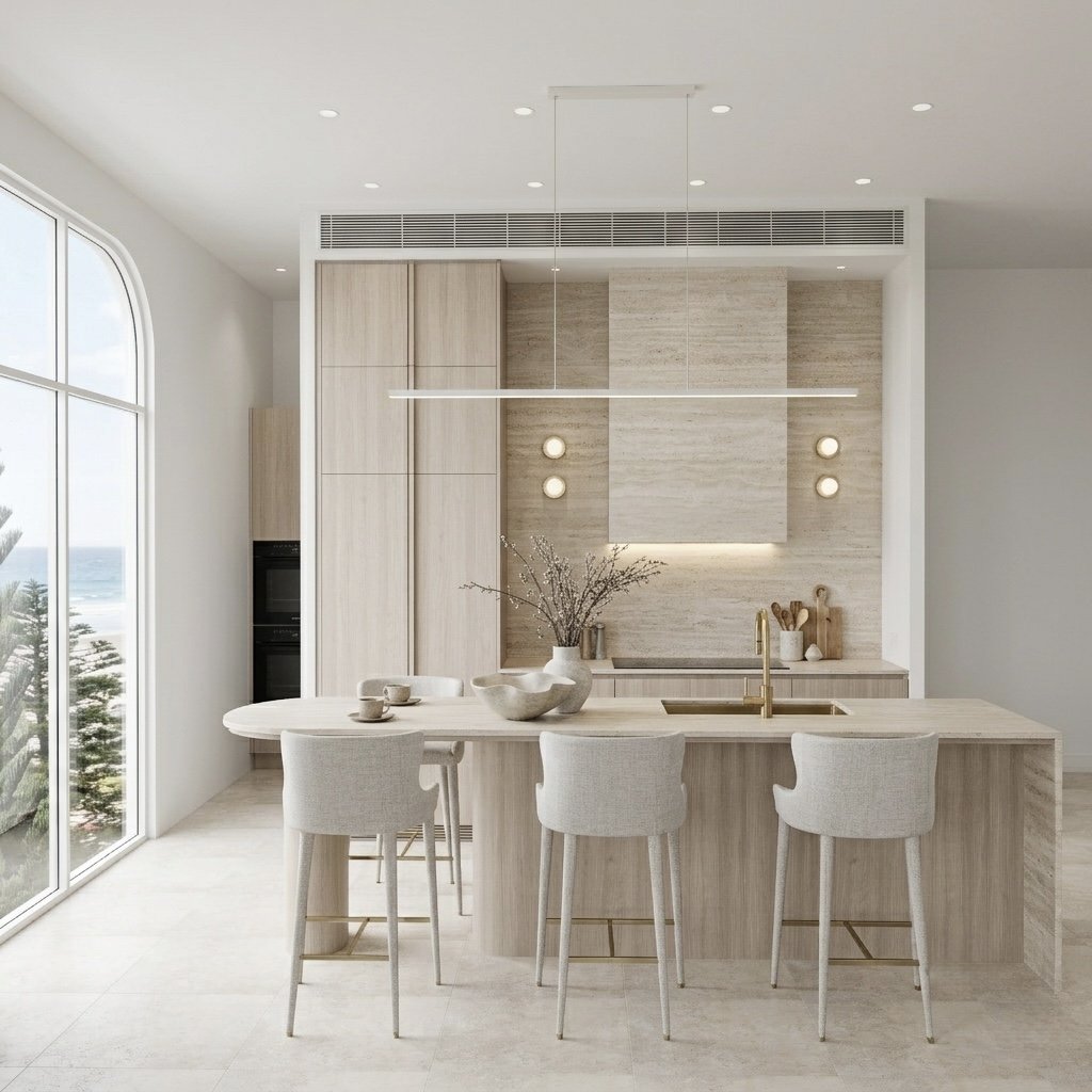 Coastal kitchen with stone bar pantry, brass fixtures and a wine fridge integrated into warm timber joinery
