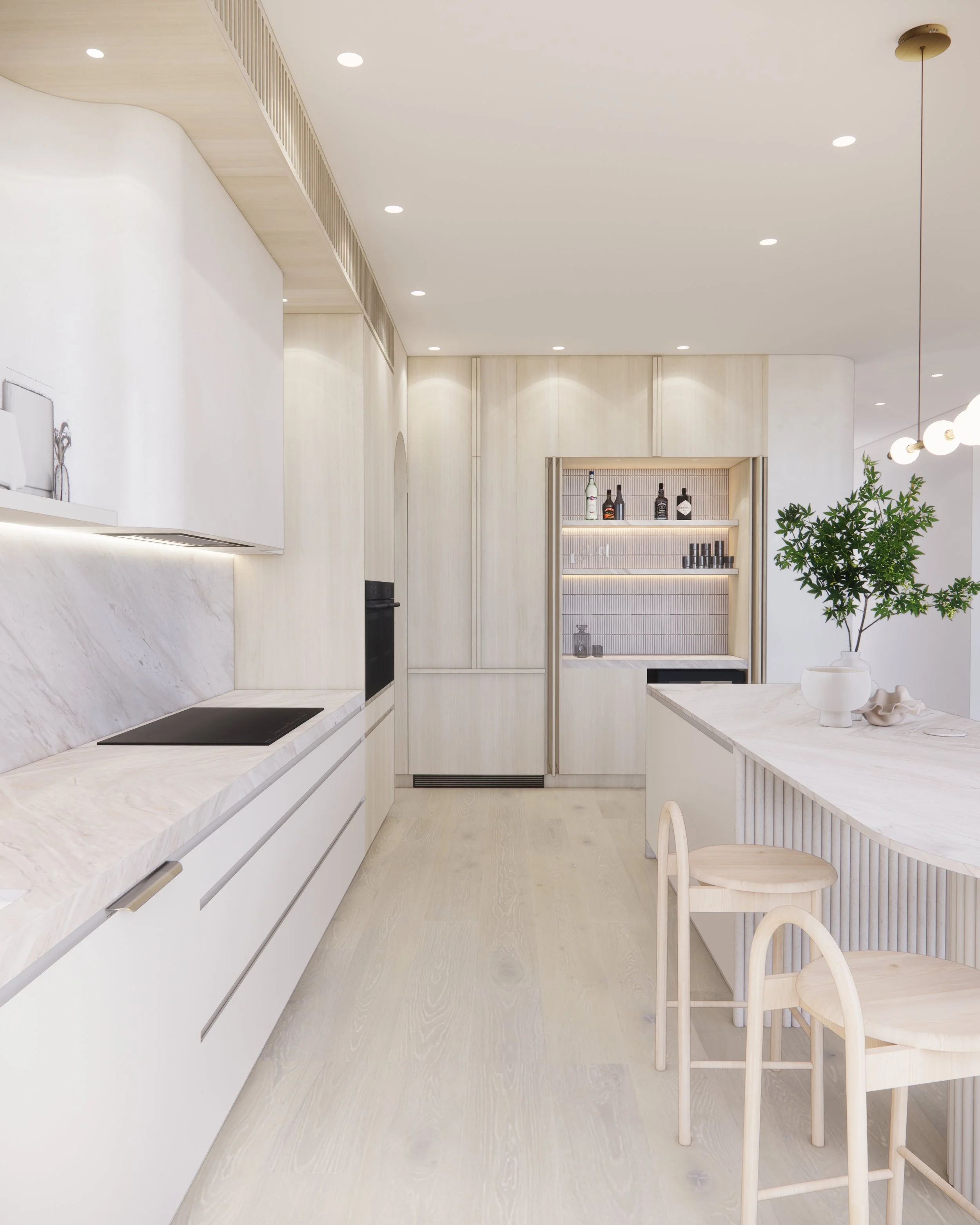 Contemporary soft-curved kitchen with fluted island, light timber cabinetry, and sculptural rangehood in a minimal-luxe Melbourne home.