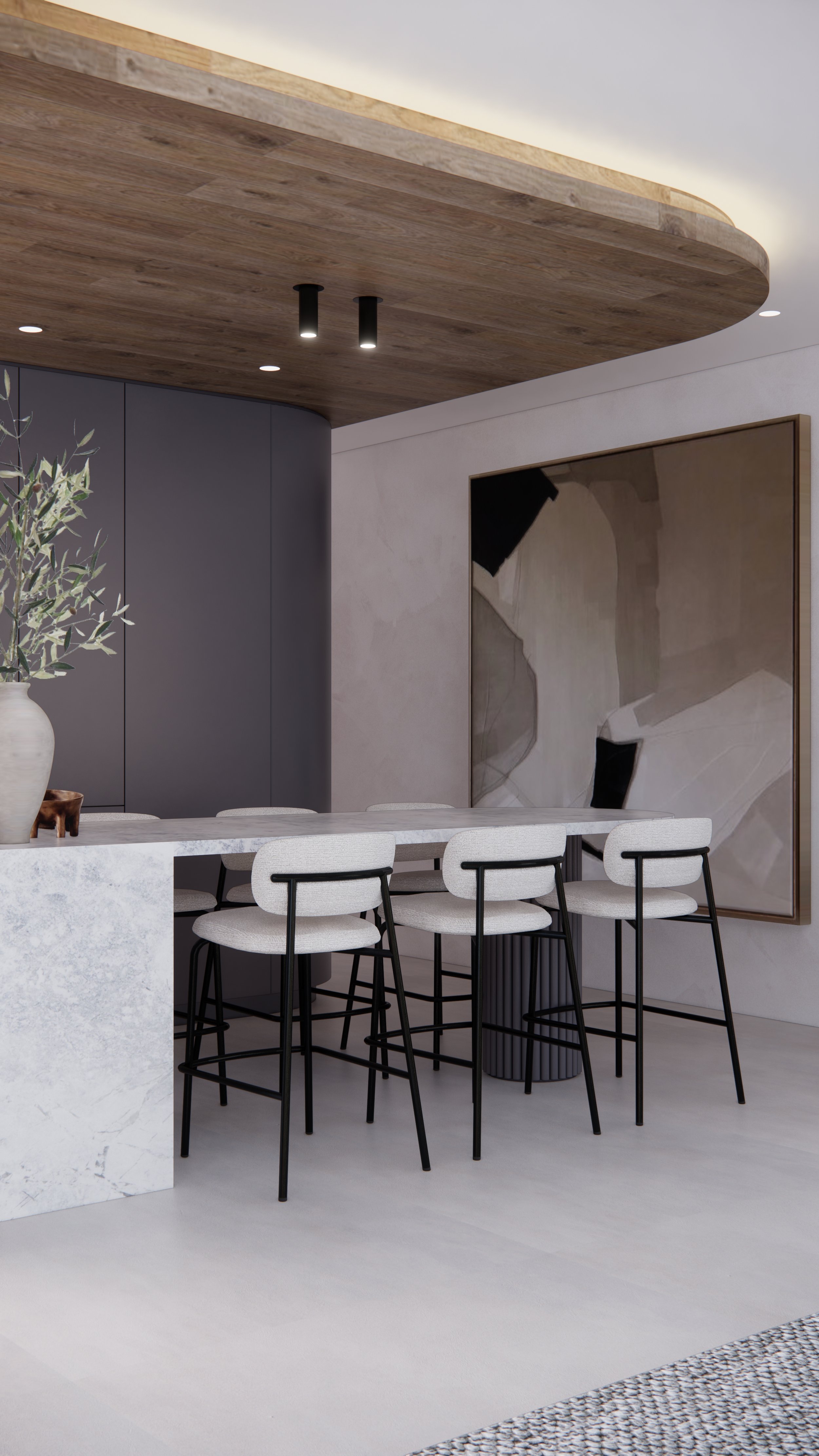 Modern coastal kitchen with curved stone island, soft grey cabinetry, and timber ceiling feature