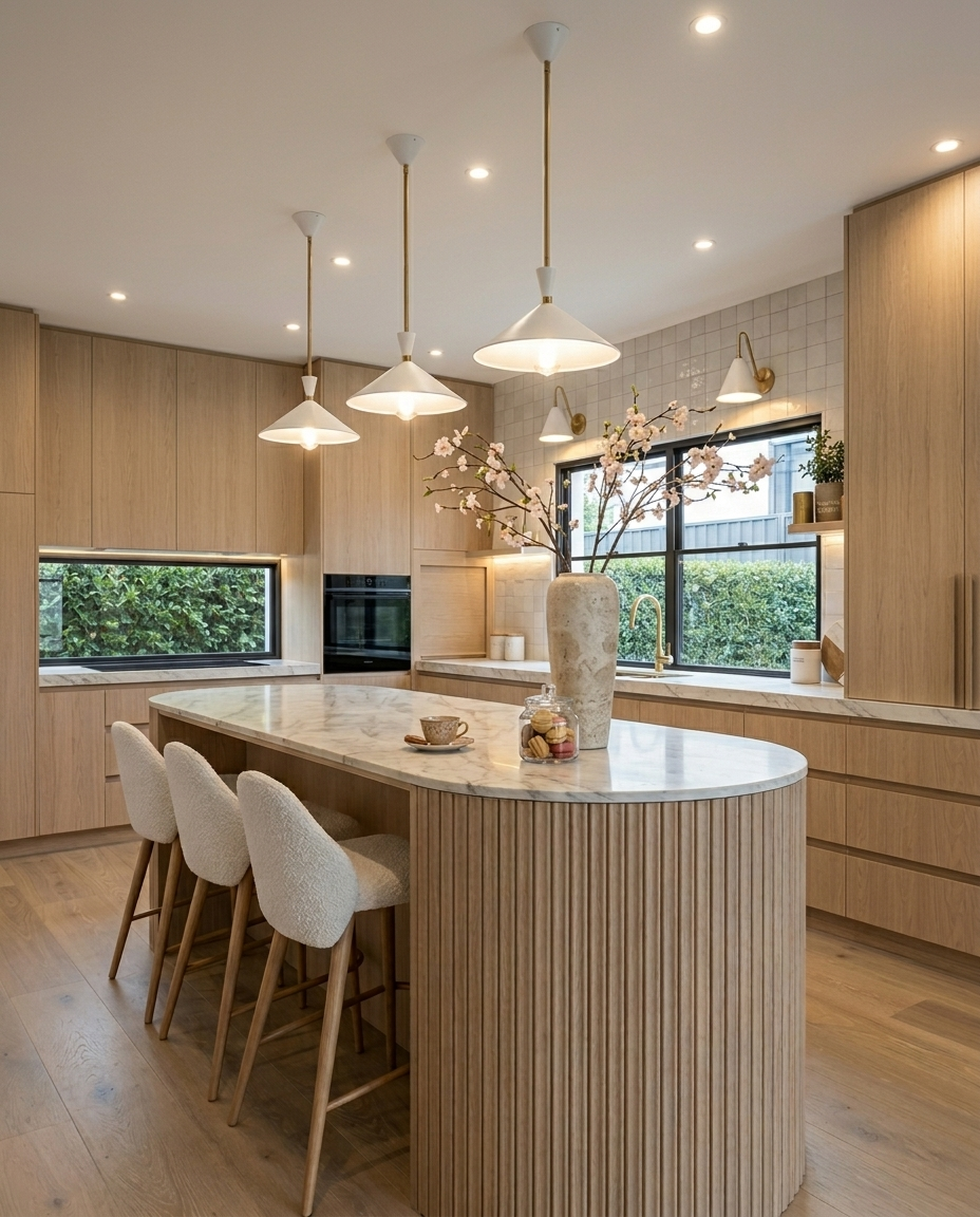 Luxury open-plan kitchen featuring natural oak cabinetry, stone benchtops and oversized island, designed by TID Studio Sydney