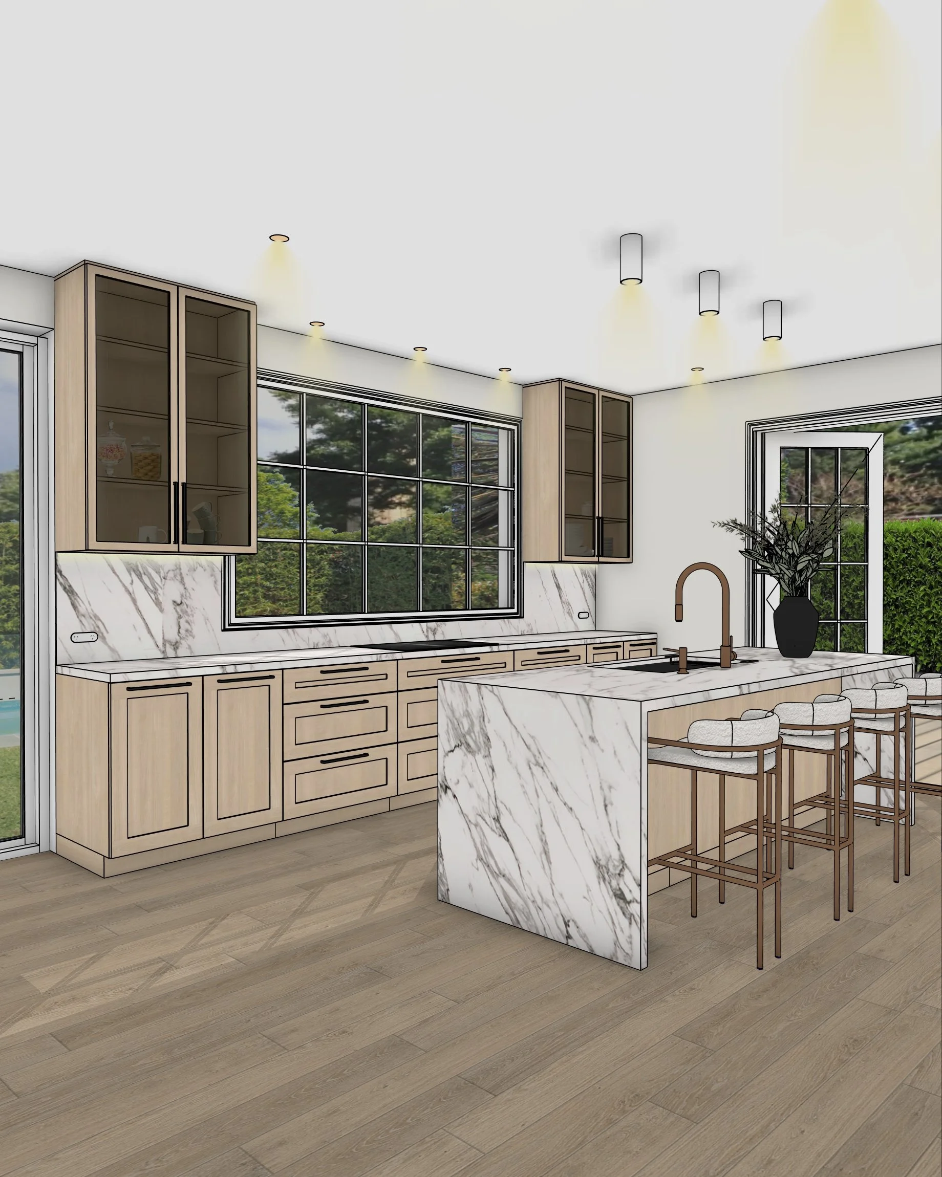 Modern farmhouse kitchen island with waterfall stone benchtop and casual seating in a Brisbane family home