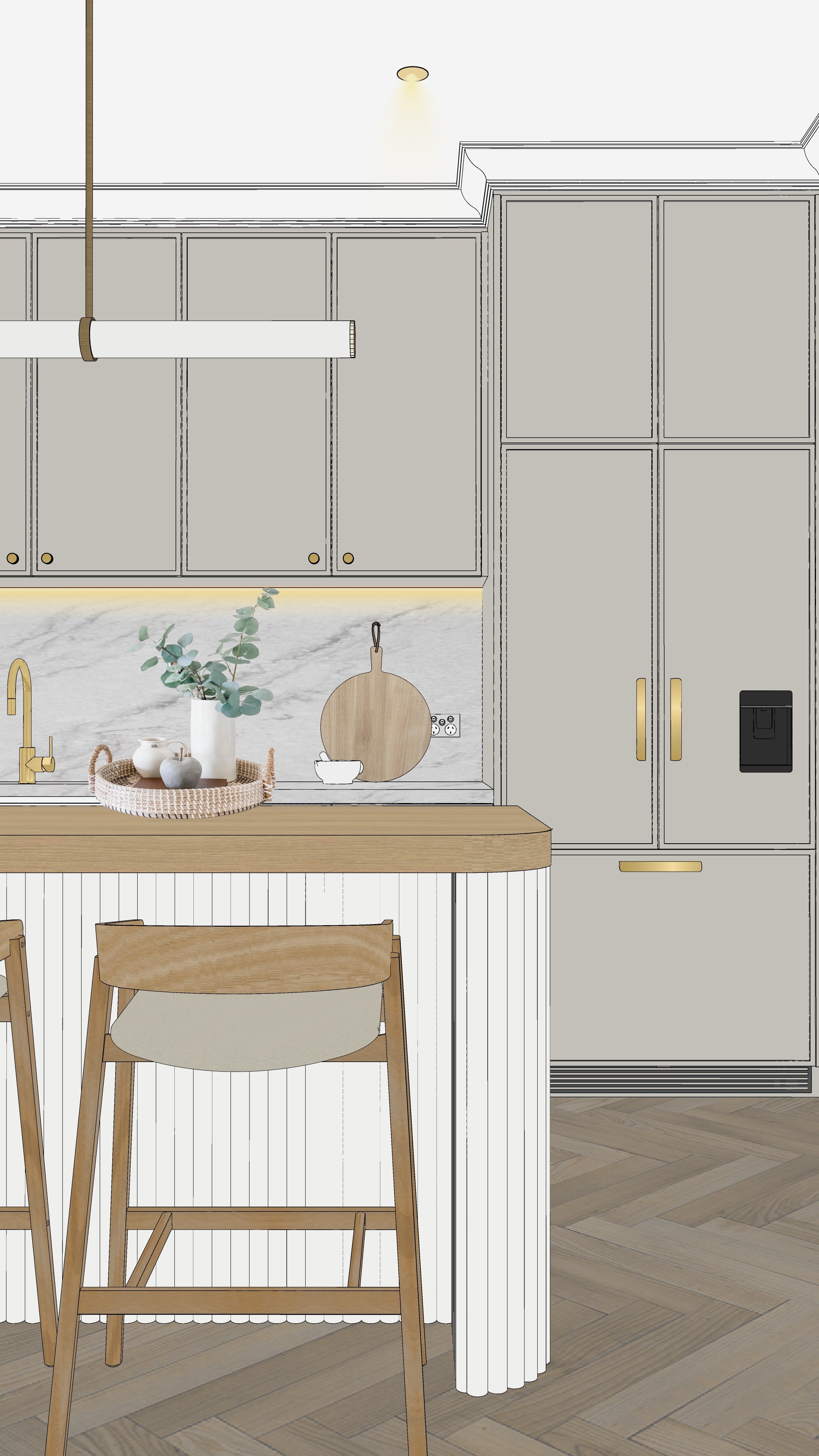 Render of Serene Symphony kitchen with soft greige cabinetry, reeded detailing and brass tapware, Brisbane interior design by TID Studio