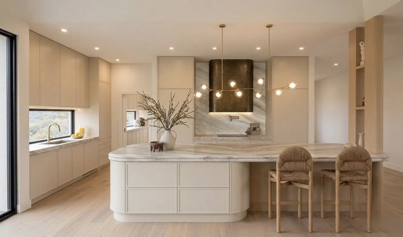 Modern luxury kitchen featuring Taj Mahal stone curved island, warm oak cabinetry, bronze rangehood and custom pantry design