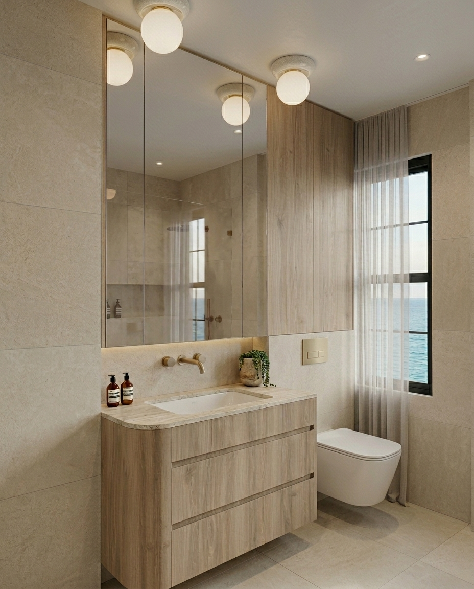 Modern primary bathroom, stone vanity, shower bench seating, shower stone niche with LED, condo remodel in Miami, designed by TID Studio 