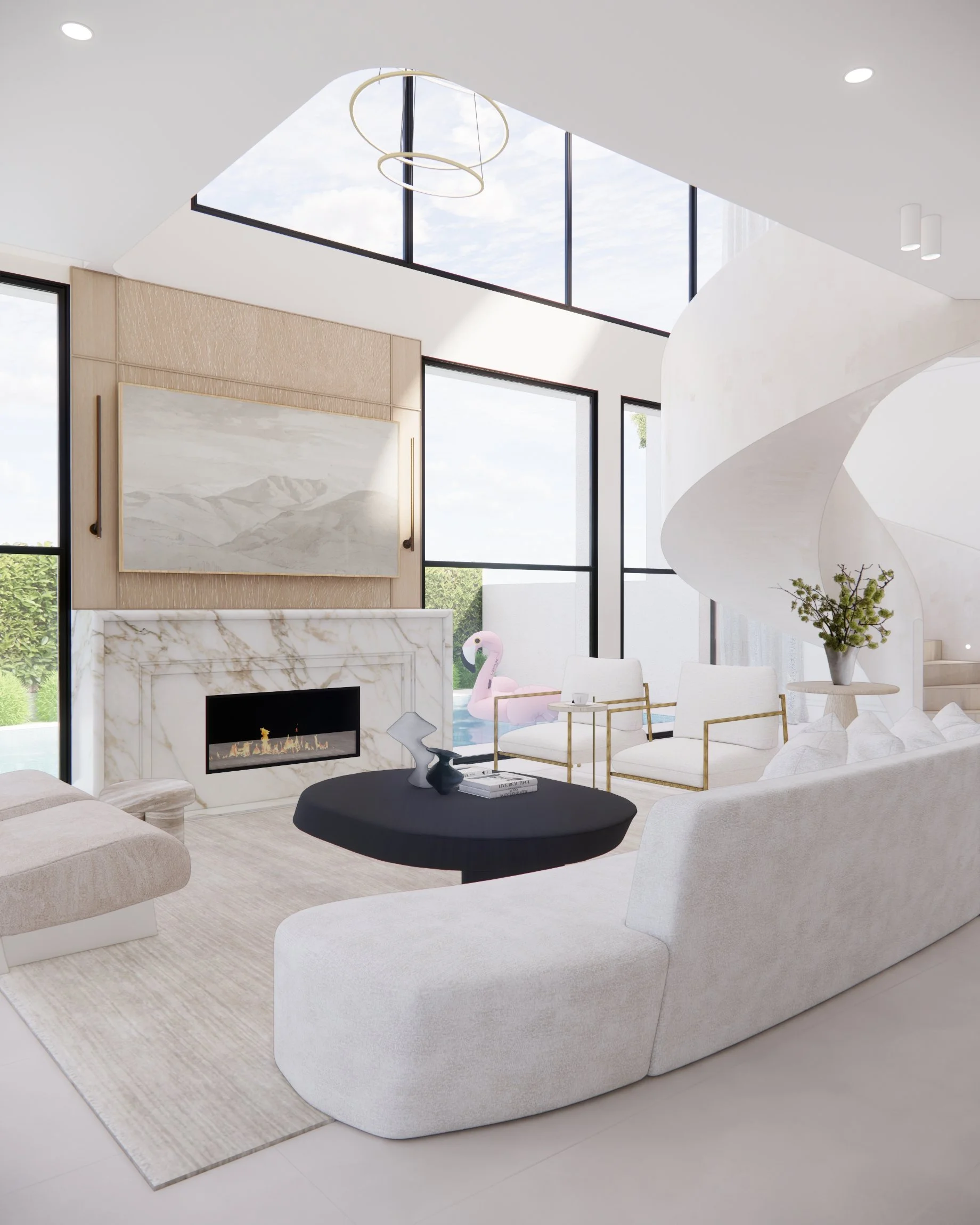 Contemporary living room with marble fireplace, curved staircase, and oversized neutral seating in a Sydney new-build