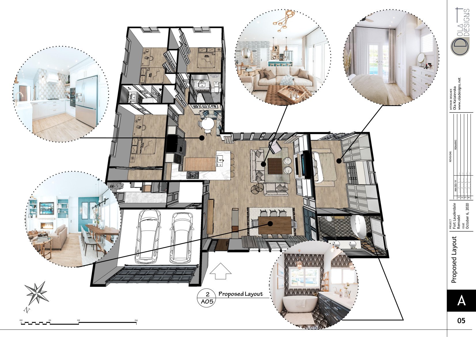 Hamptons-style open plan living room and kitchen, designed by TID Studio in Florida. Example Interiors Drawings Set