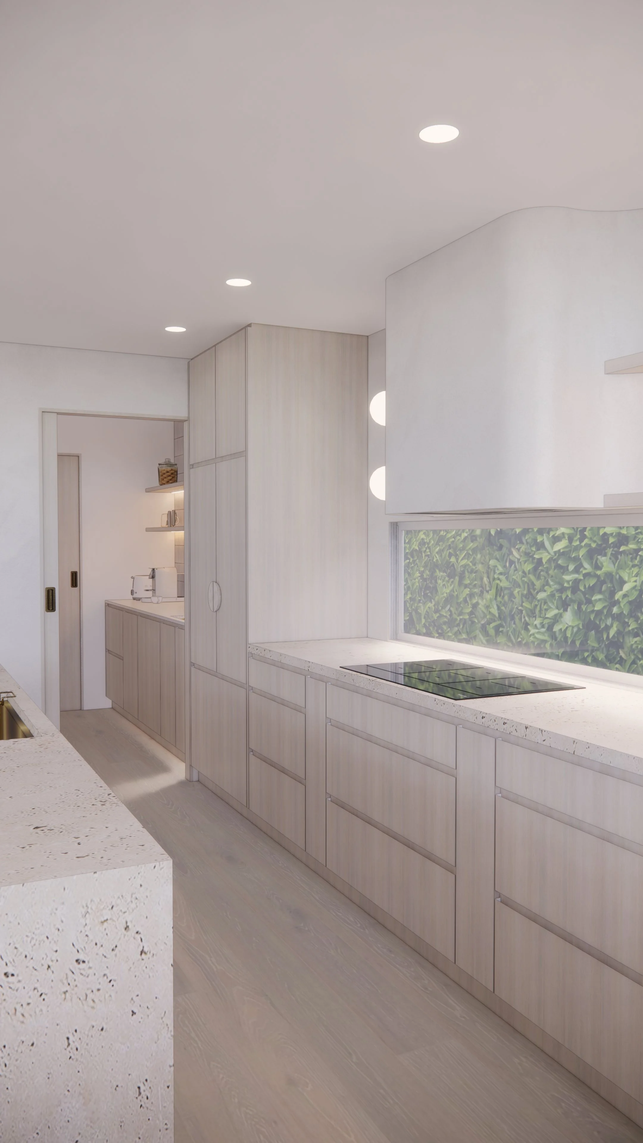 Minimal sculptural rangehood wall in a modern coastal kitchen with soft curves and limestone textures — Auriga Residence by TID Studio, Brisbane