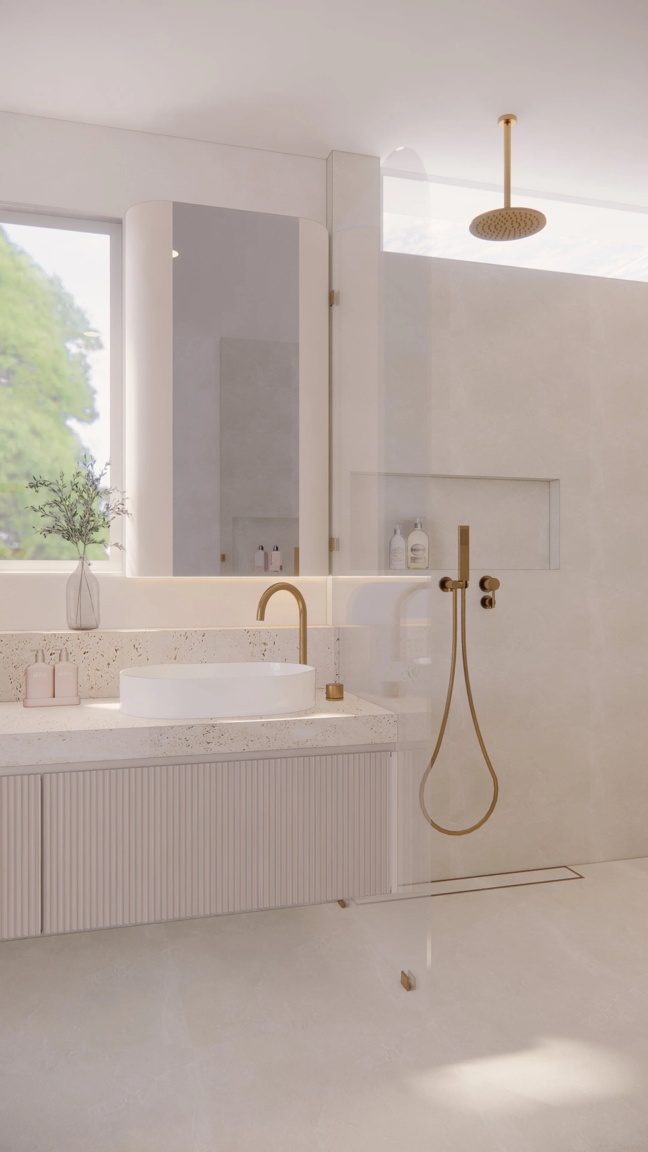 Modern master bathroom featuring curved vanity, travertine textures and brushed brass fixtures — Auriga Residence by TID Studio, Brisbane