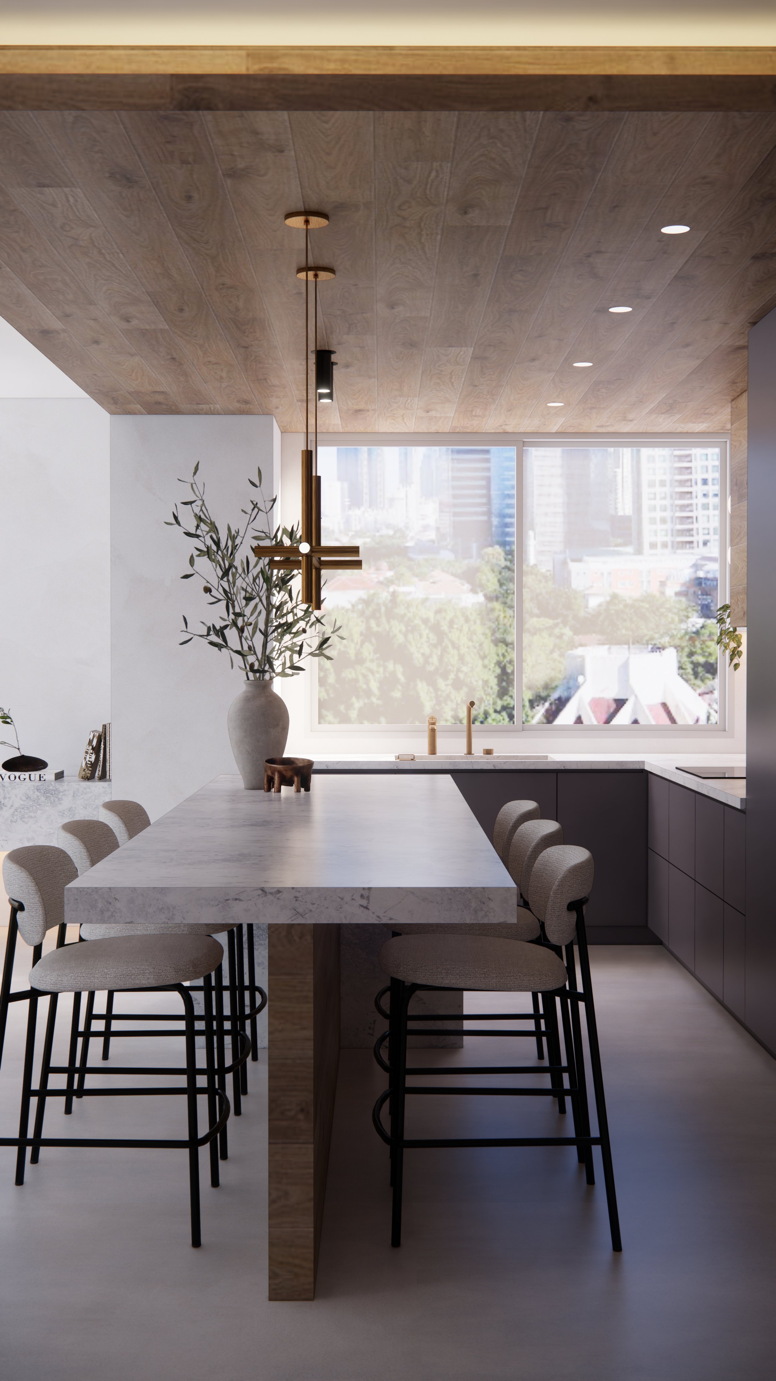 Light natural stone benchtop and splashback in coastal luxe kitchen renovation