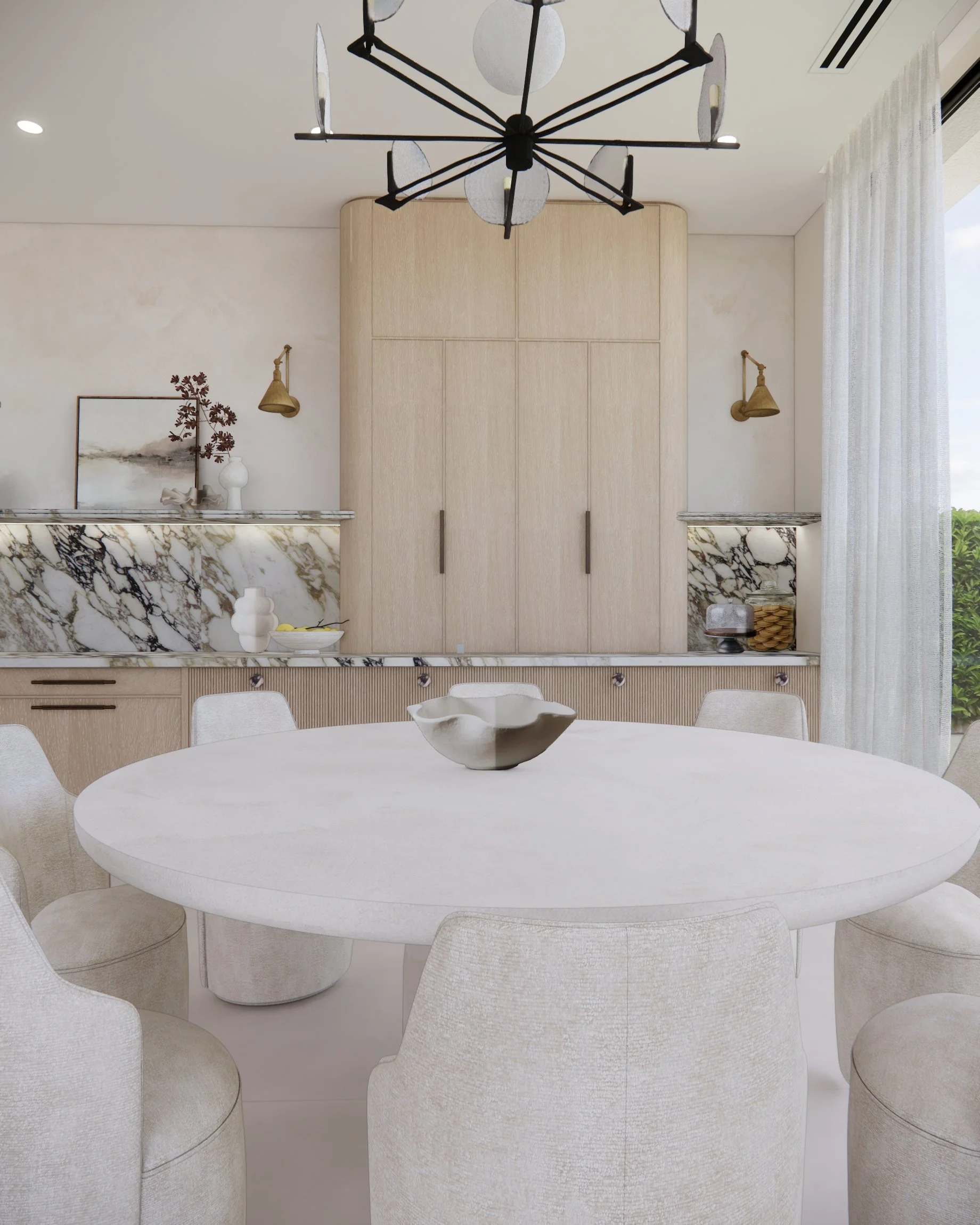 Light-filled kitchen and dining area featuring dramatic marble splashback and sculptural dining chairs in a Sydney new-build
