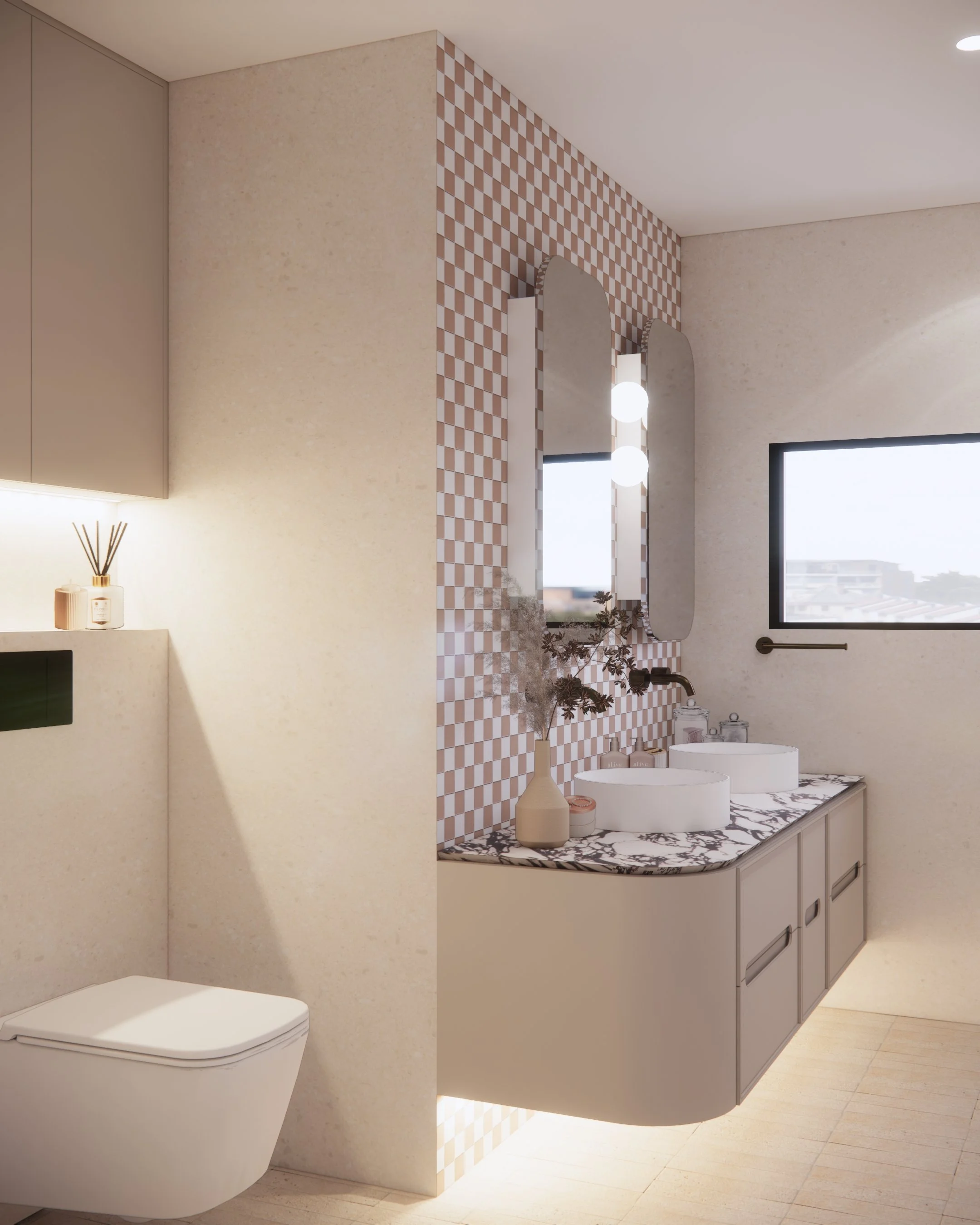 Main bathroom with checker tiles, double vanity and curved walls in Melbourne house renovation