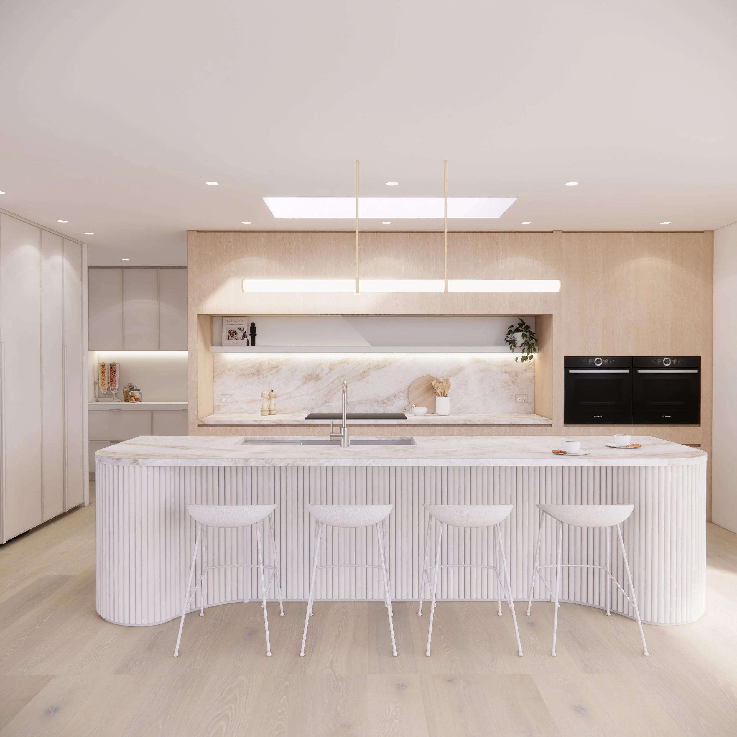 Neutral-toned pantry design with marble splashback and soft lighting, showcasing TID Studio’s minimal luxe aesthetic