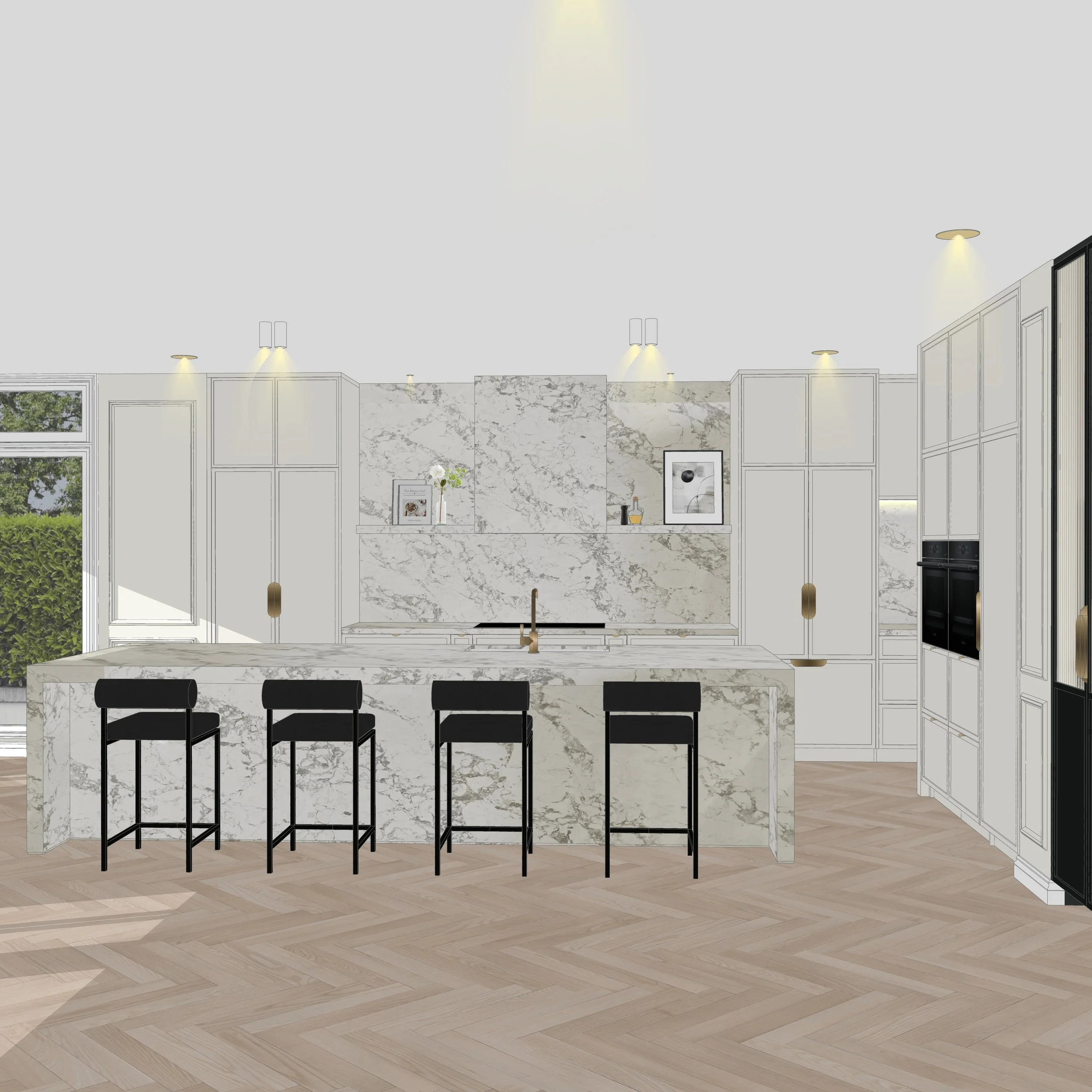 Stone splashback and integrated shelf in Parisian-inspired Melbourne kitchen