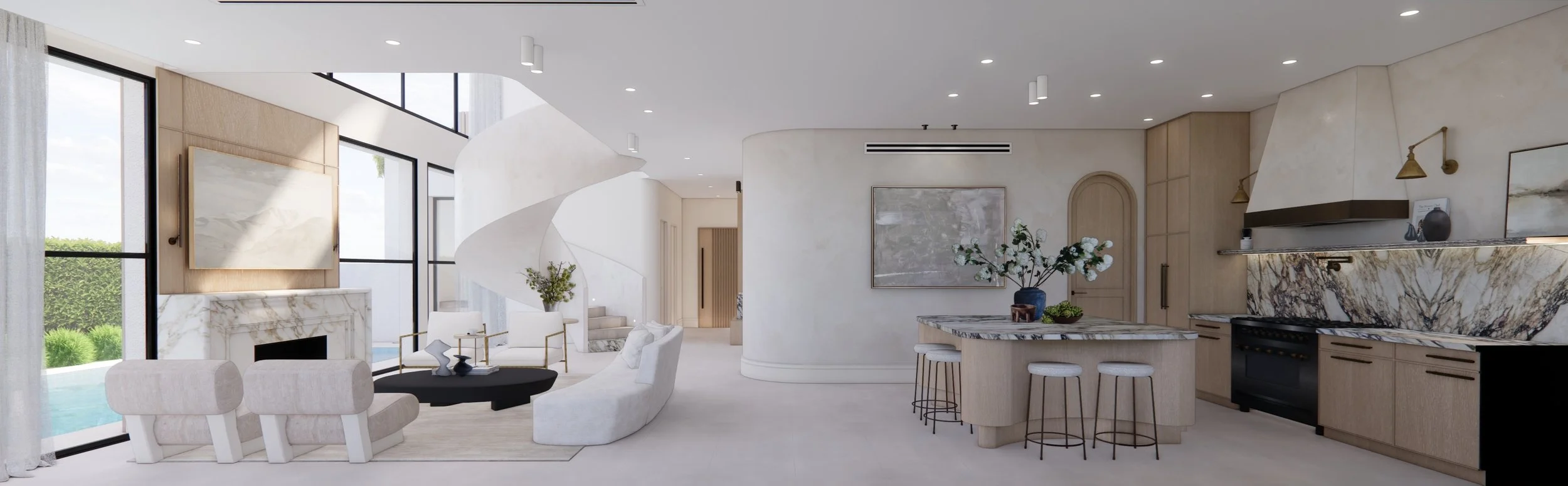 Light-filled kitchen and dining area featuring dramatic marble splashback and sculptural dining chairs, Contemporary living room with marble fireplace, curved staircase in a Sydney new-build