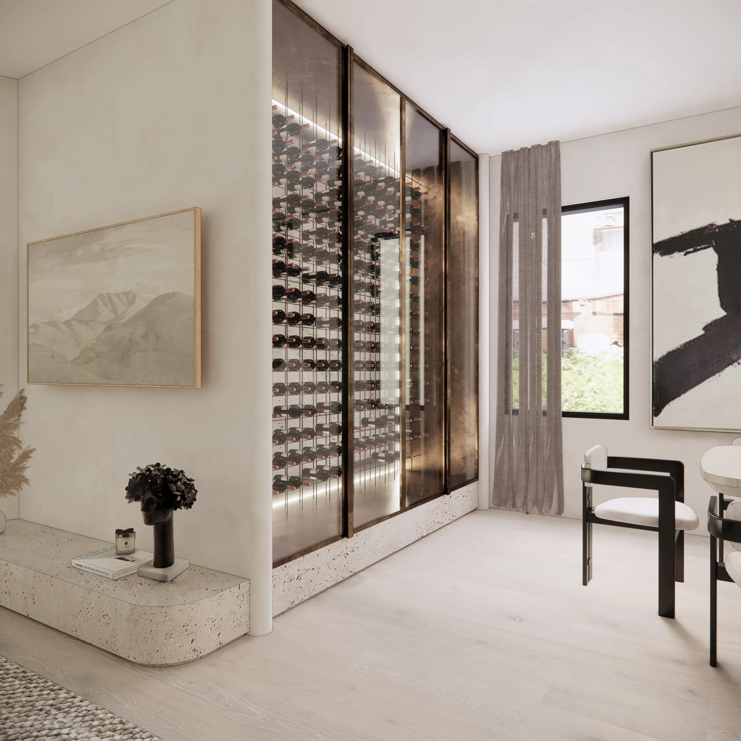 Dining area with textured travertine fireplace base and curved architectural forms