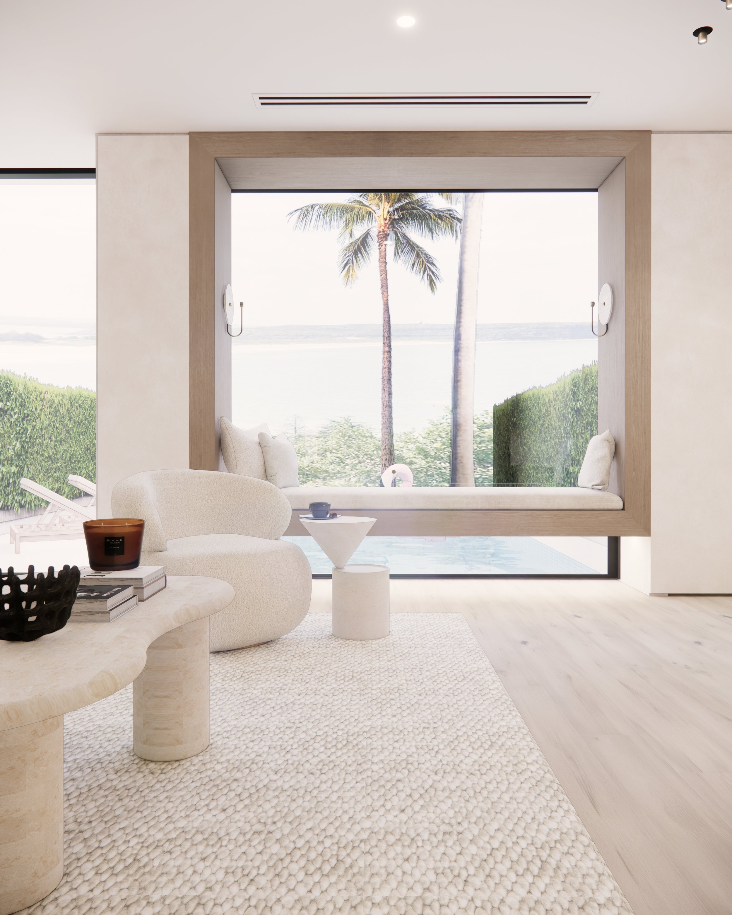 Contemporary coastal living room with curved fireplace, neutral textures, and large window seat overlooking the water — Sydney interior design by TID Studio