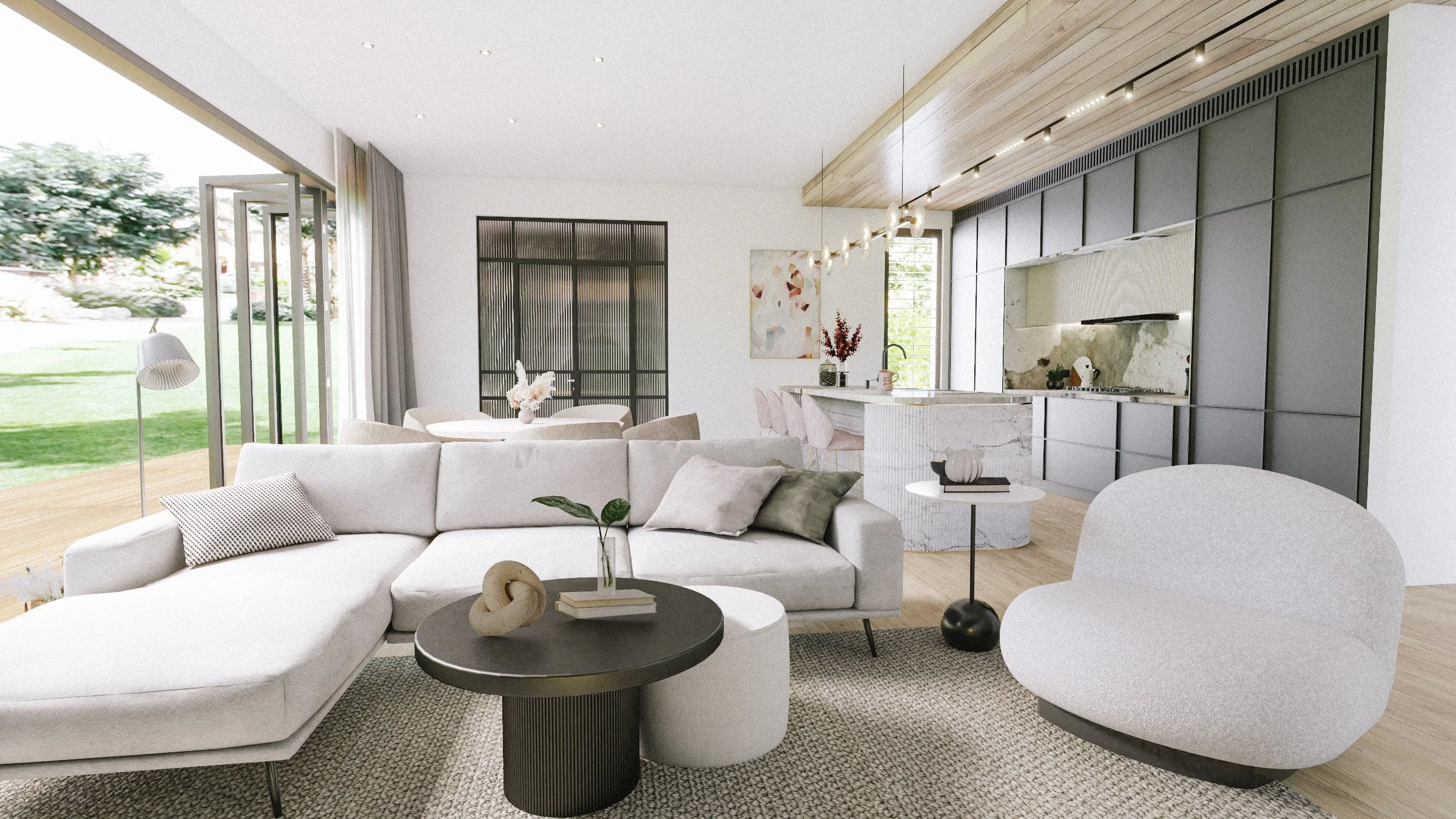 Soft contemporary living room with curved seating and coastal textures by TID Studio