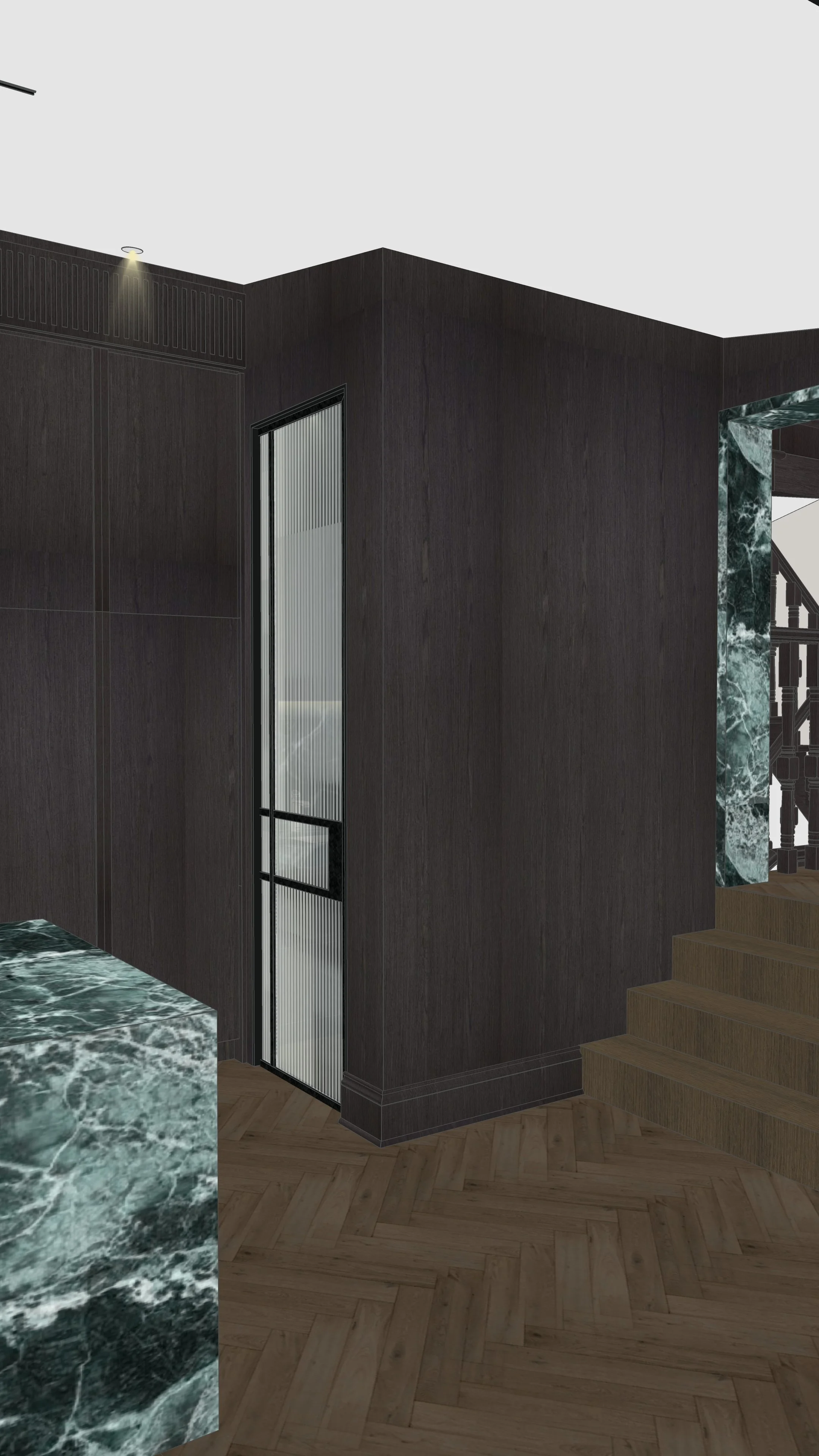 Contemporary kitchen with dramatic green marble island and dark joinery in renovated Sydney terrace
