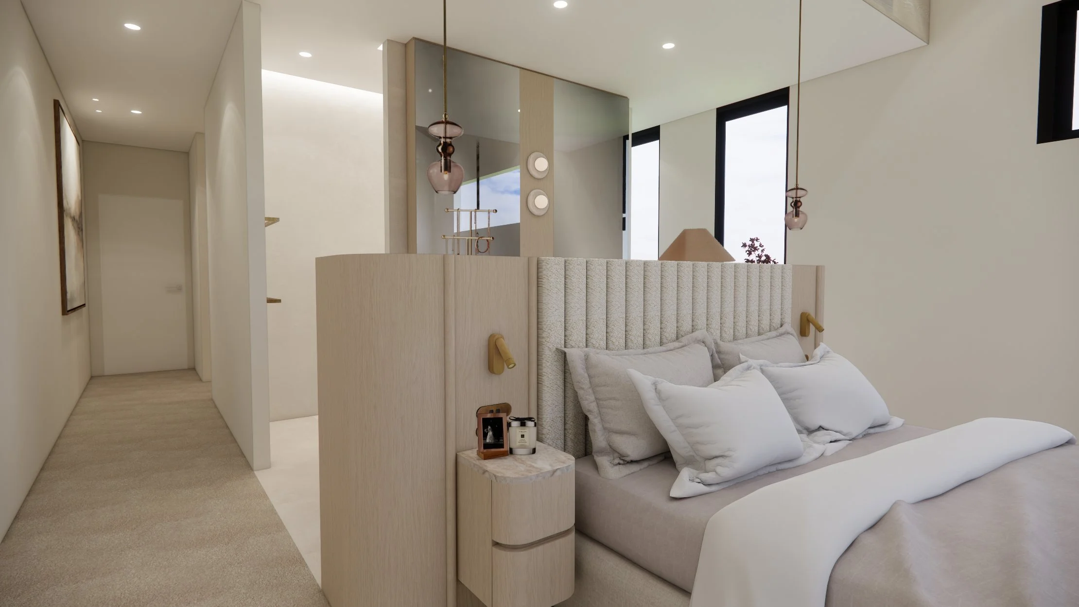 Luxury primary bedroom with pitched ceiling and floor-to-ceiling windows