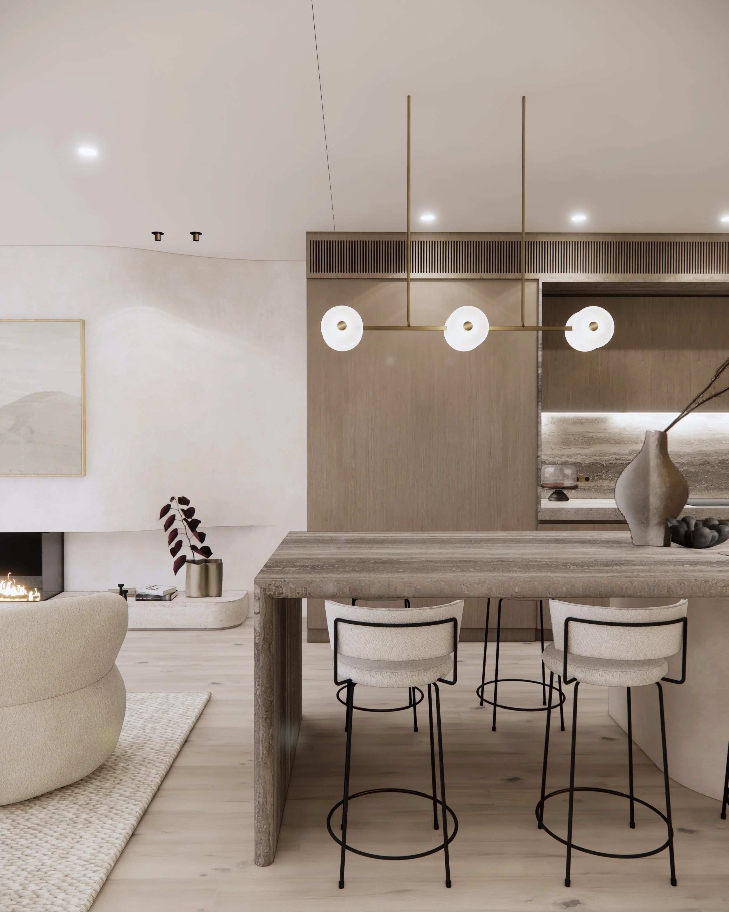 Travertine kitchen island with curved base, warm timber cabinetry, and coastal contemporary palette