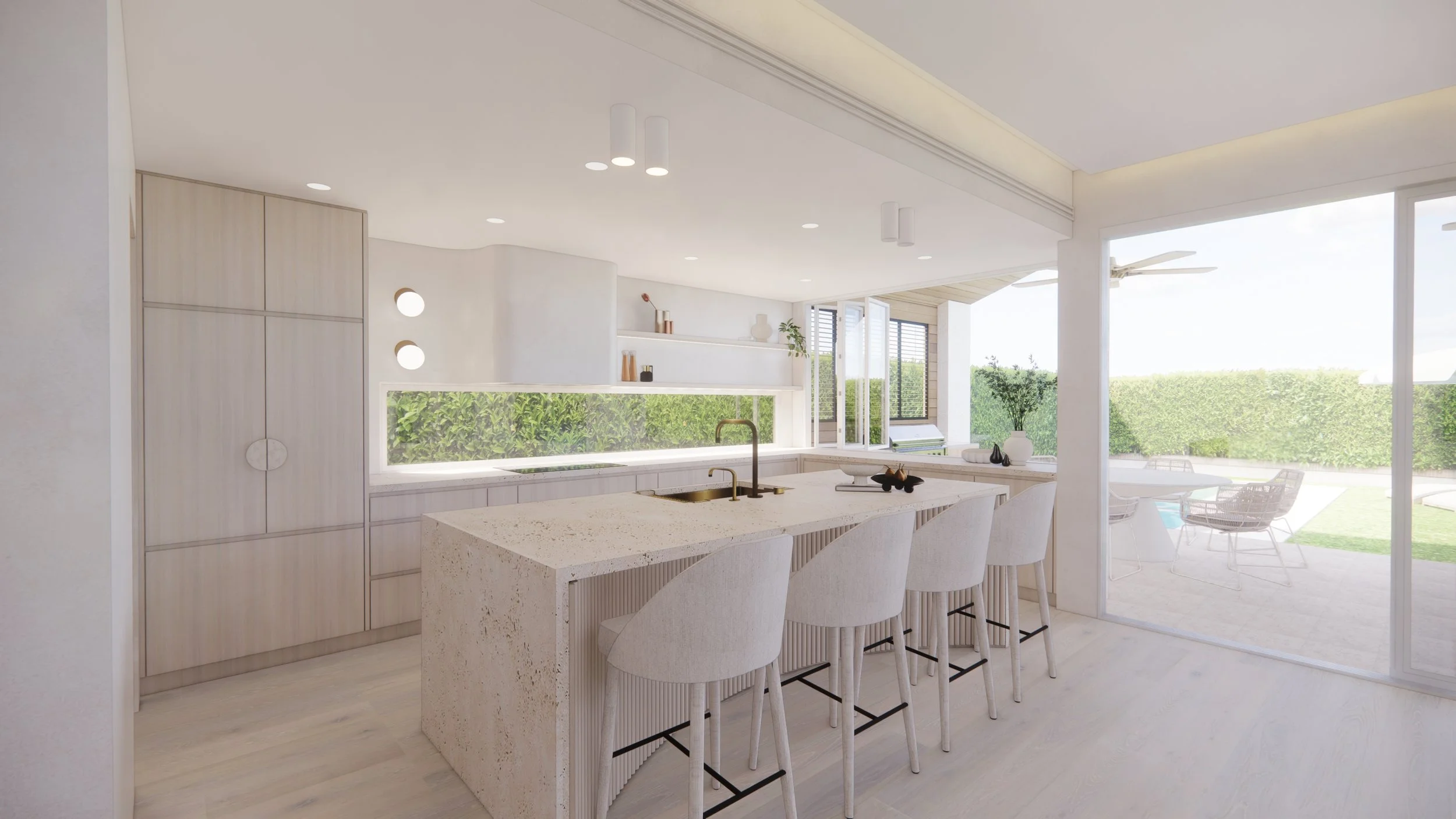 Modern coastal kitchen featuring a curved stone island, light timber cabinetry and neutral palette — Auriga Residence by TID Studio, Brisbane
