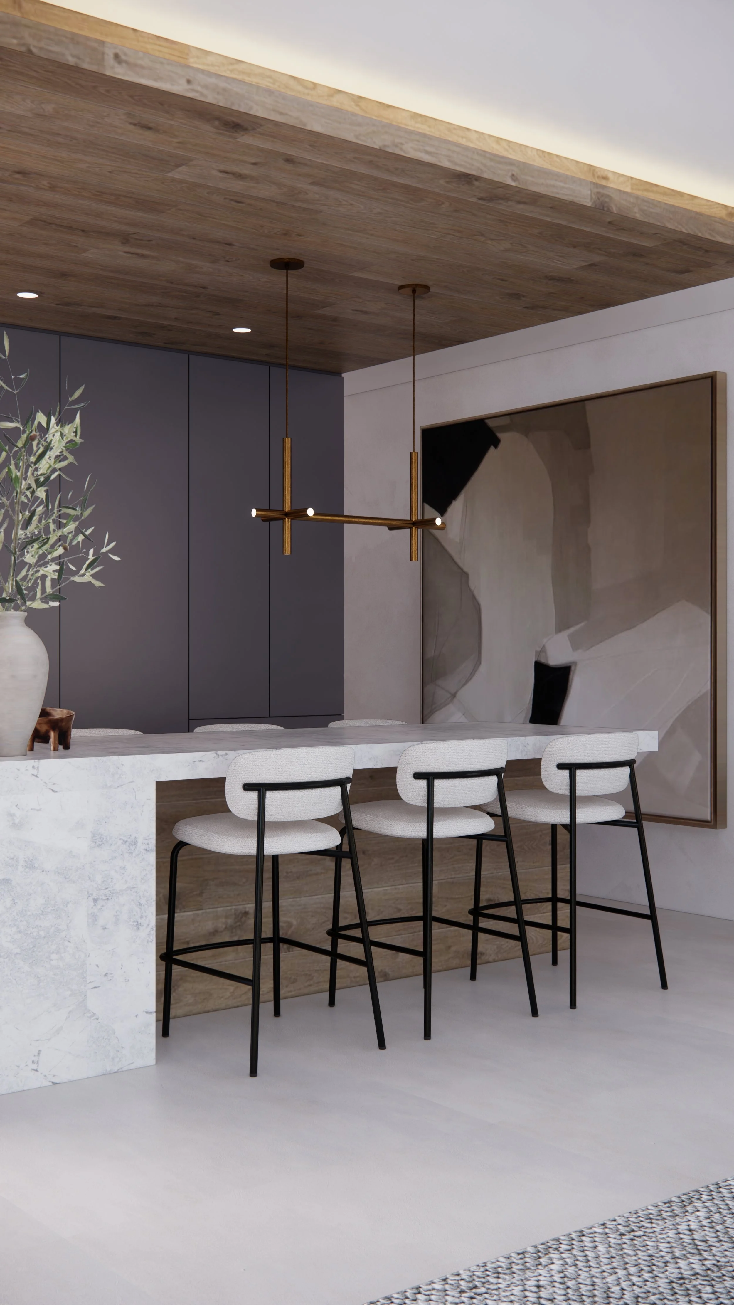 Tall kitchen cabinetry with integrated fridge and appliance garage in contemporary coastal interior