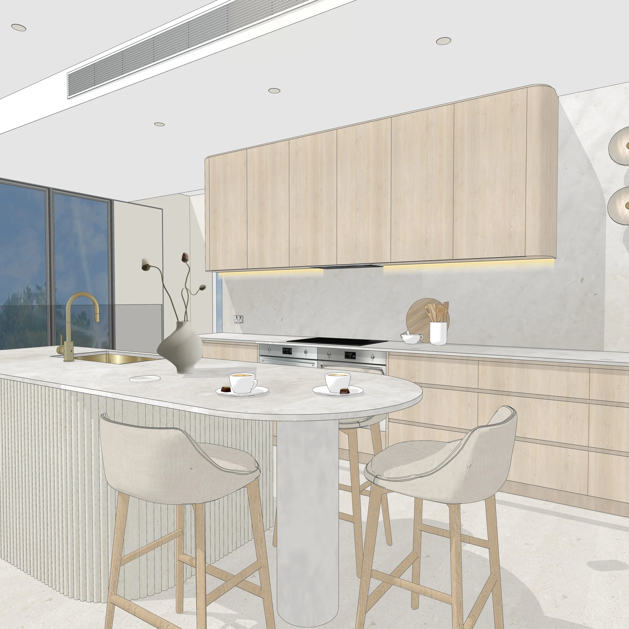 Fluted kitchen island with bar stools and brass tapware in a soft neutral Brisbane townhouse renovation
