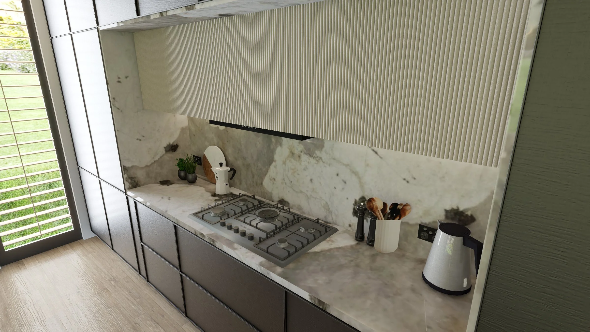 Modern coastal kitchen with curved fluted marble island designed by TID Studio, Gold Coast