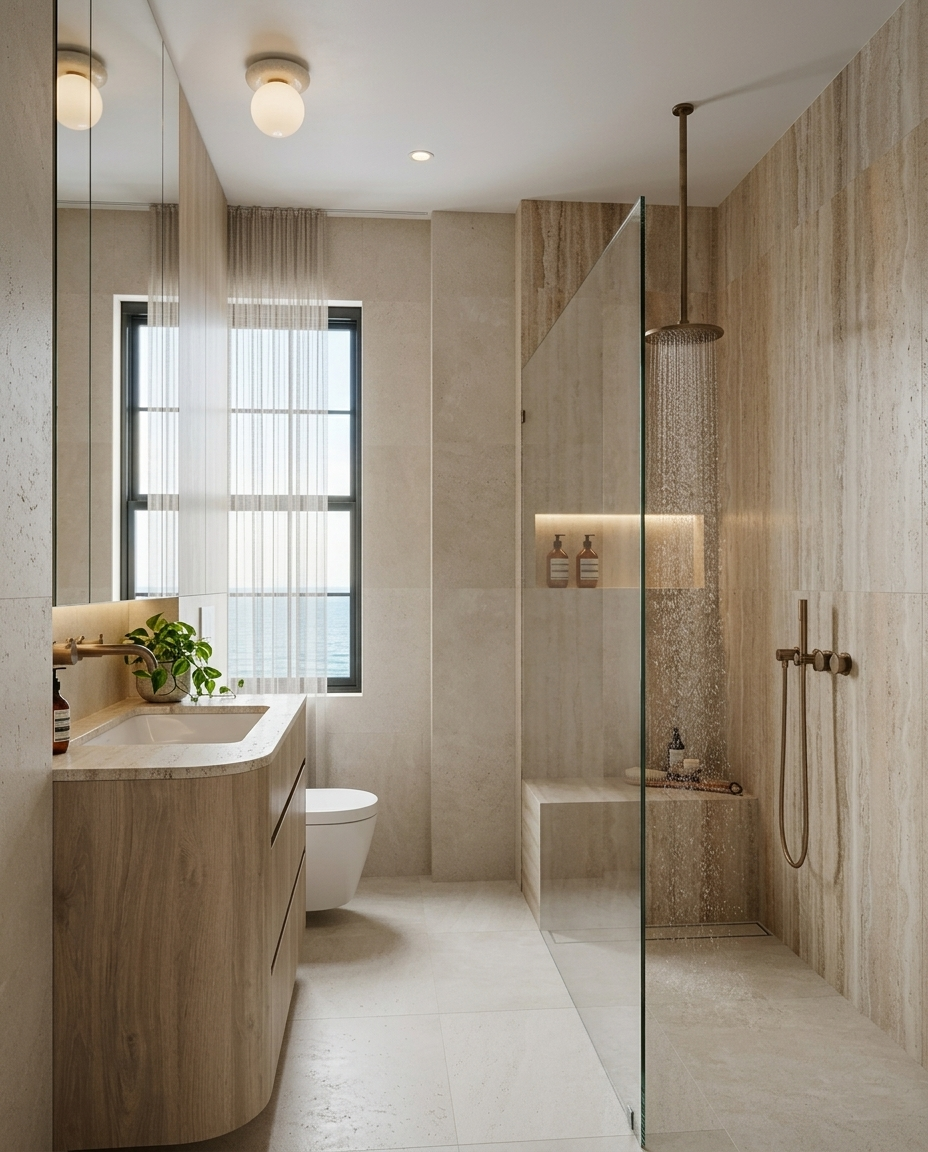 Modern condo remodel in Miami. Bathroom renovation with shower bench and stone niche