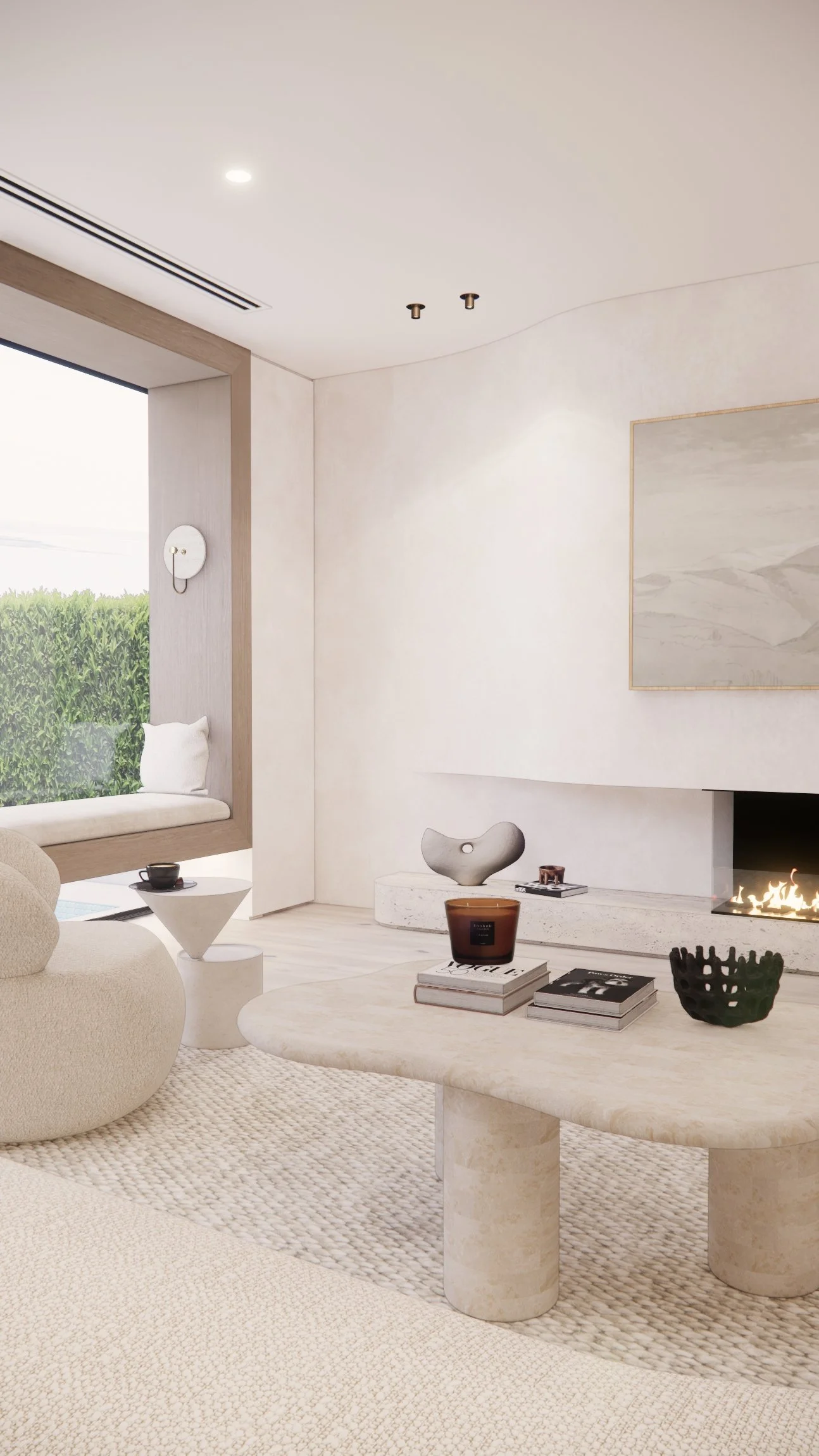 Contemporary coastal living room with curved fireplace, neutral textures, and large window seat overlooking the water — Sydney interior design by TID Studio