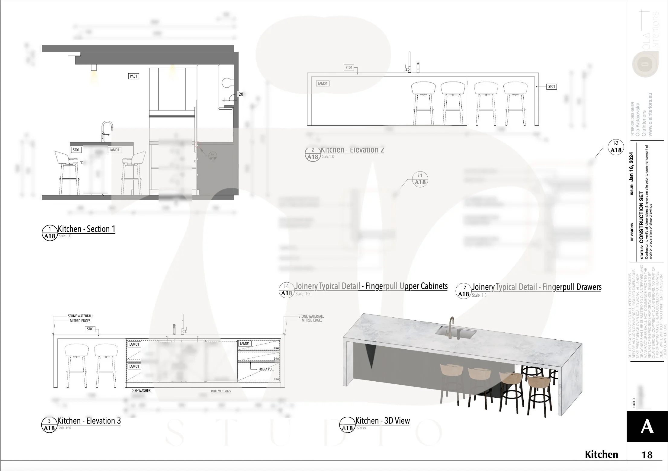 Kitchen elevations drawings illustrating cabinetry layout, appliance integration, and key joinery details design by TID Studio.