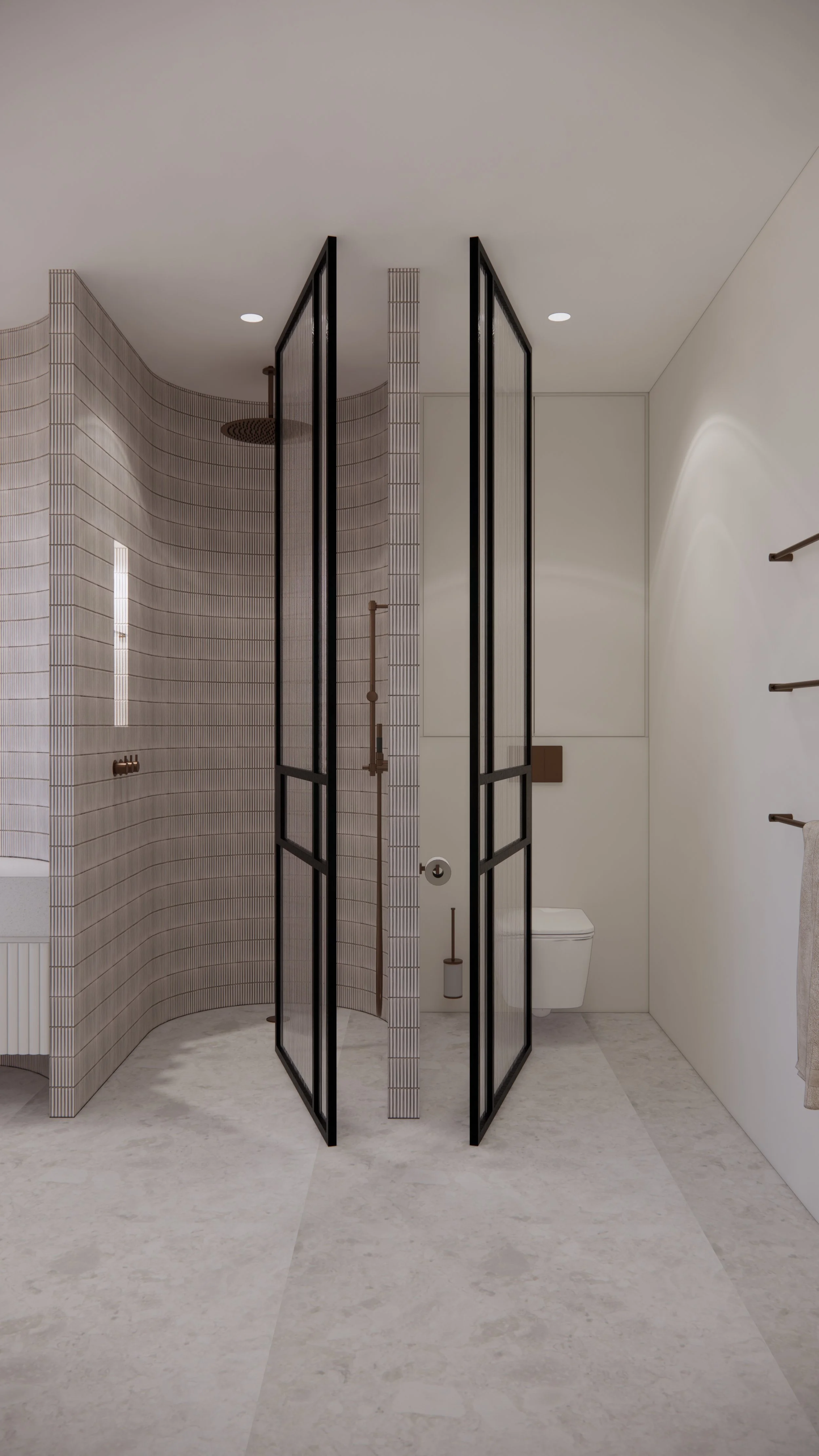 Fluted glass shower screen with pivot door and curved tiled shower wall in a Brisbane bathroom
