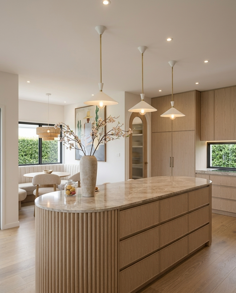 Custom banquette breakfast nook beside a contemporary open-plan kitchen, designed by TID Studio Sydney