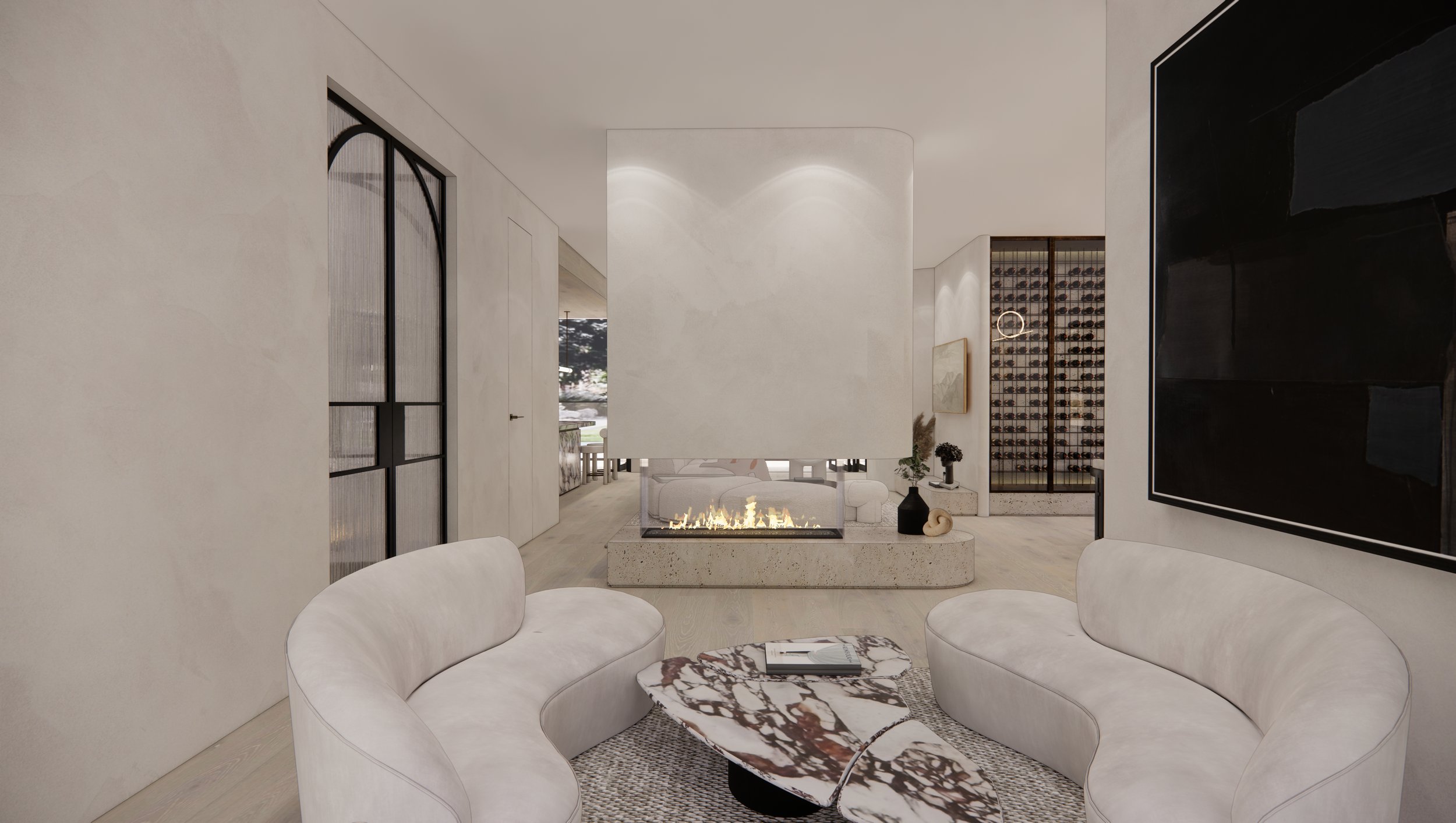 Contemporary Wabi-Sabi living room with curved sofa and neutral tones
