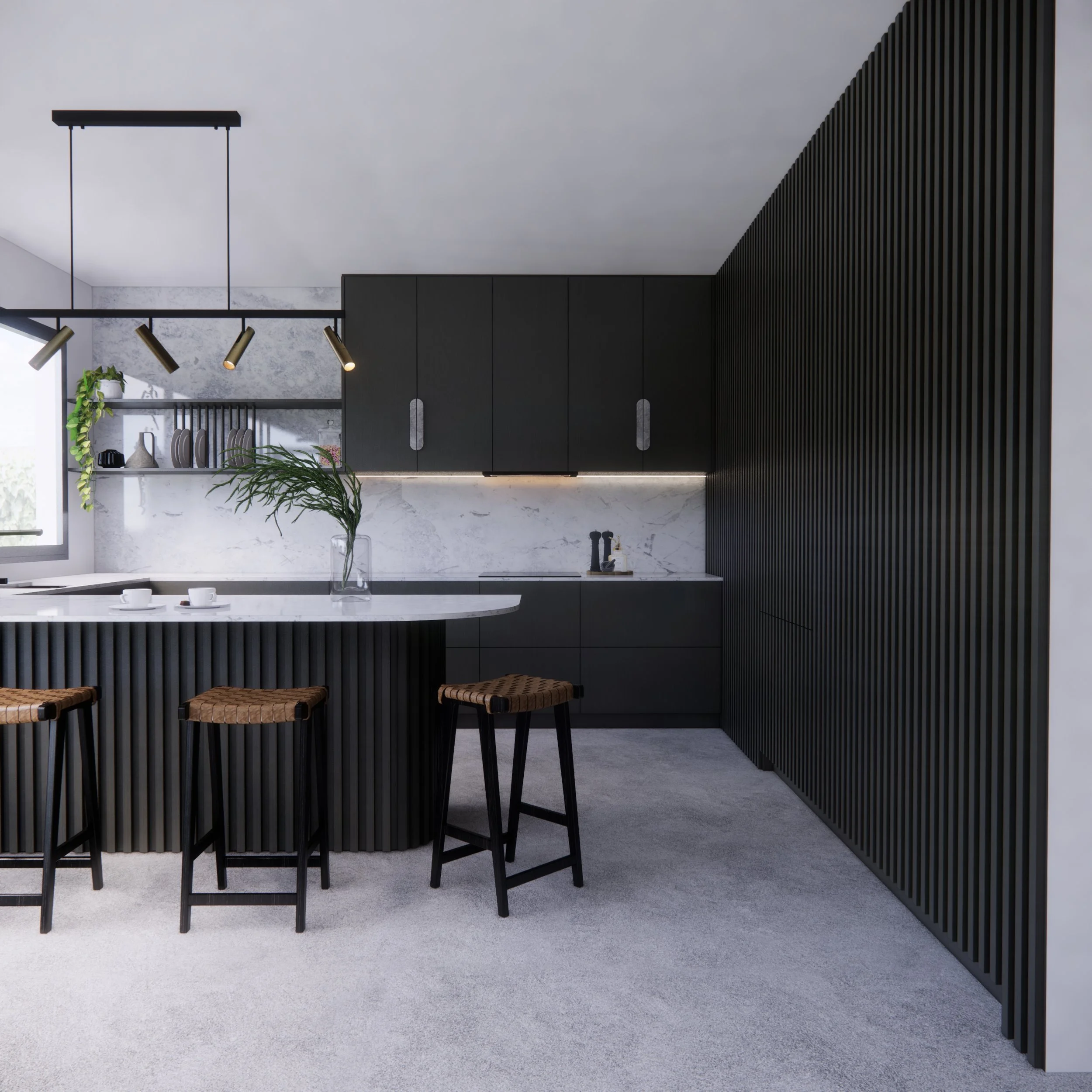 Black and timber kitchen design with textural battens and brass lighting
