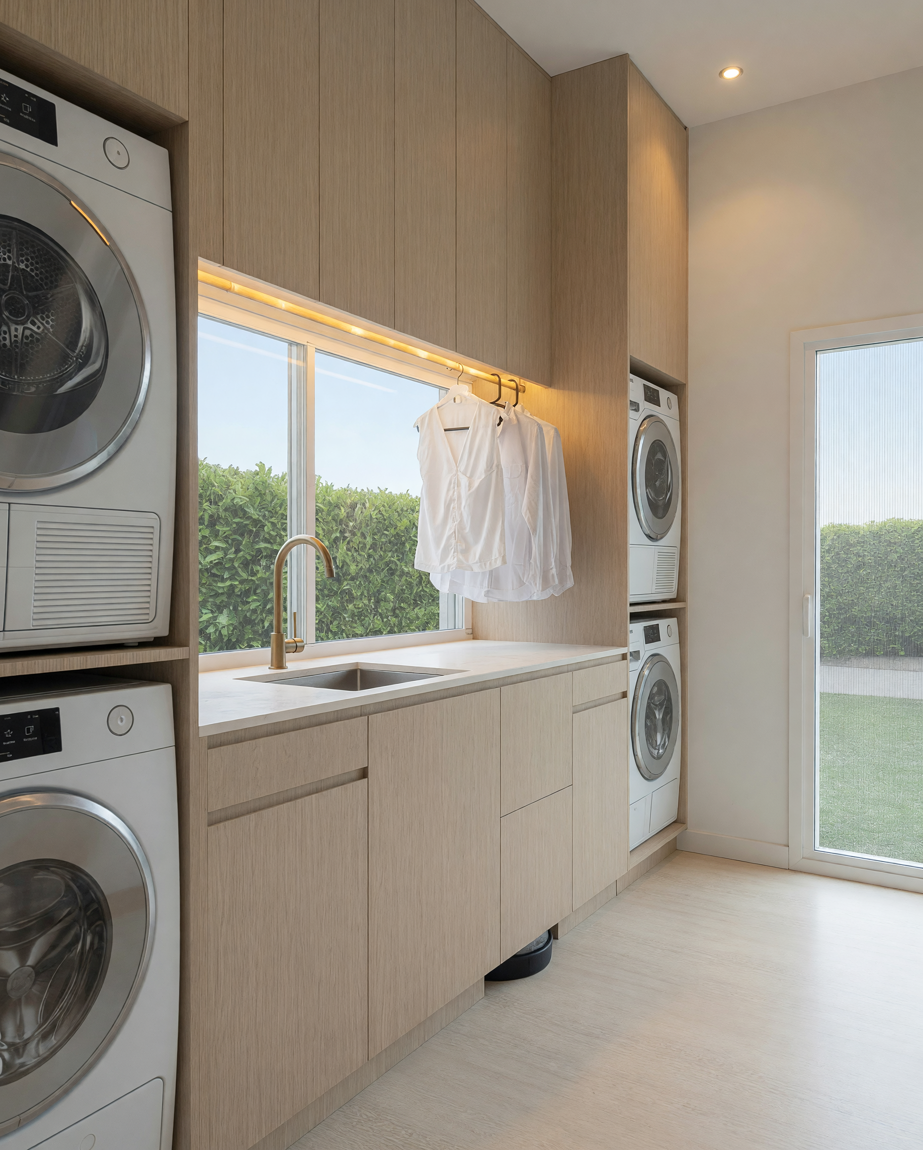 Contemporary laundry with integrated oak cabinetry