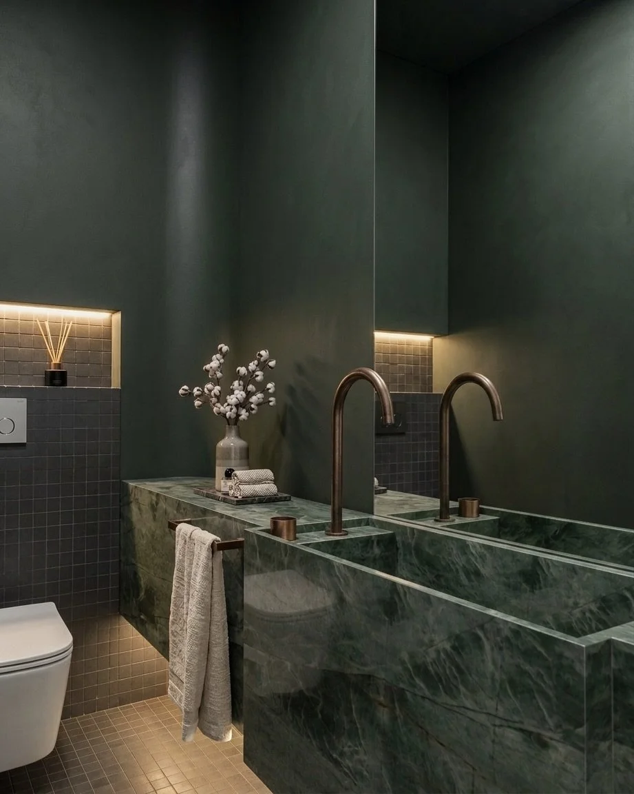 Moody powder room with dark green limewash walls and green stone vanity