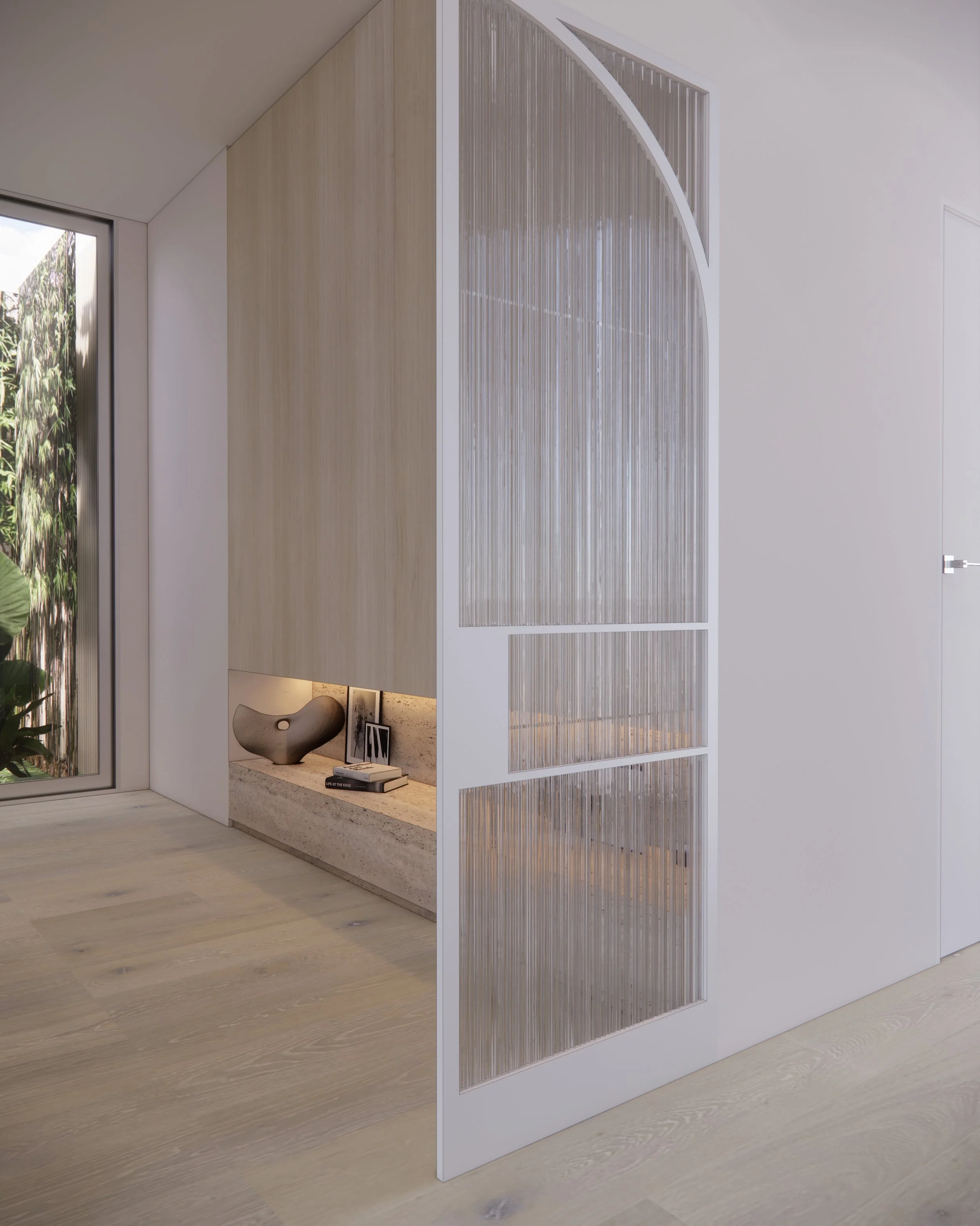 Fluted glass and metal frame arched door in a minimalist entry to a study with timber joinery and stone ledge.