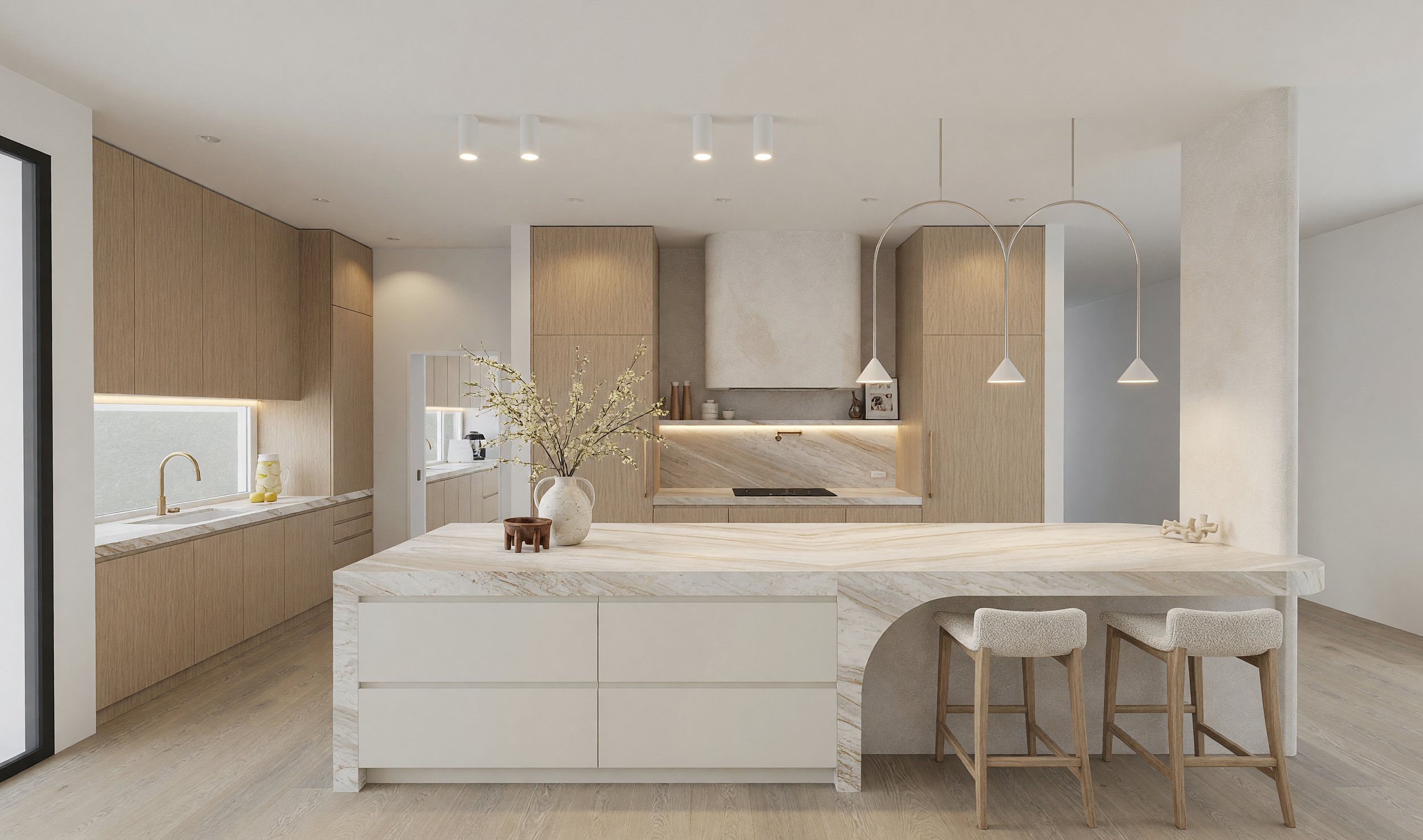Modern luxury kitchen featuring Taj Mahal stone curved island, warm oak cabinetry, bronze rangehood and custom pantry design