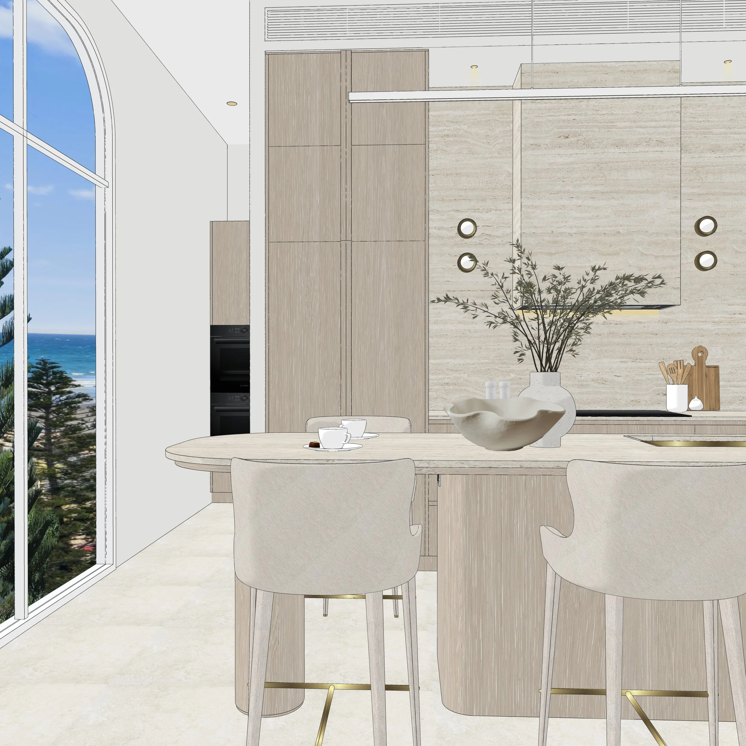 Close-up of curved kitchen island with creamy stone benchtop and soft neutral palette