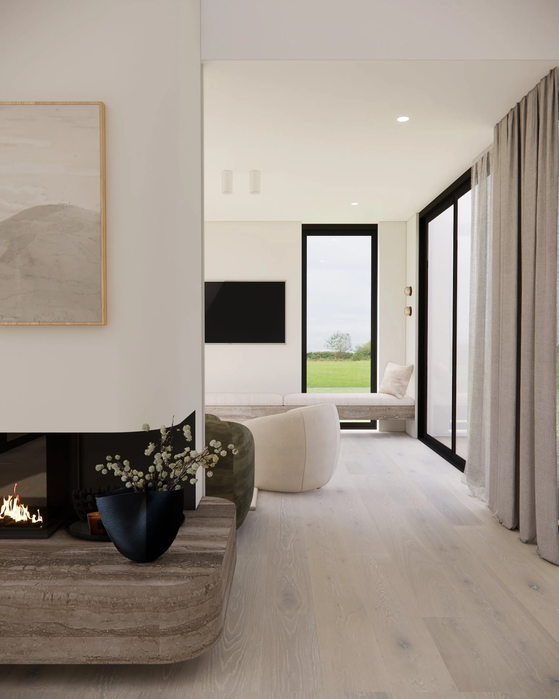 Contemporary living room with curved wood-burning fireplace and dark travertine stone hearth