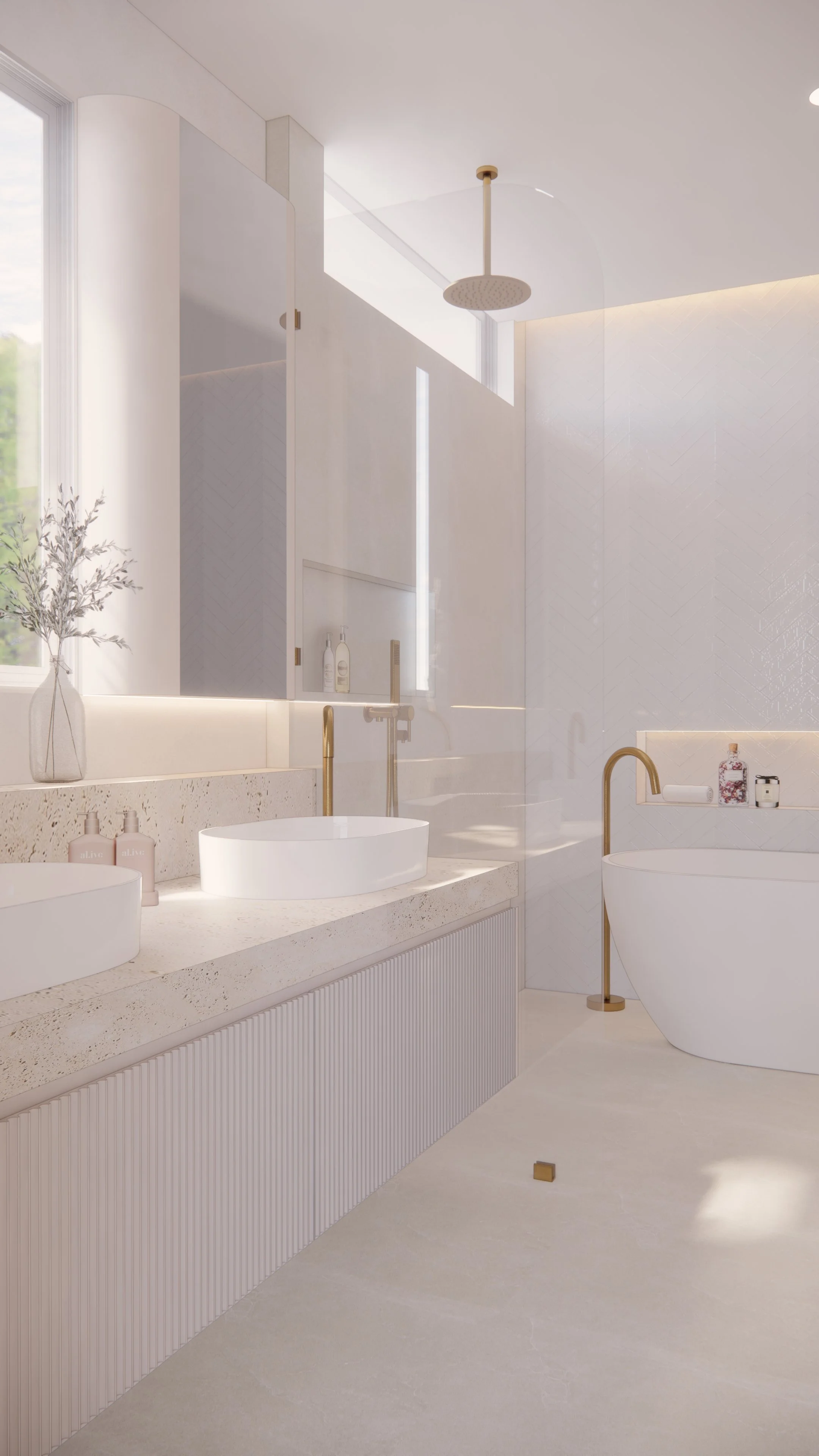 Modern master bathroom featuring curved vanity, travertine textures and brushed brass fixtures — Auriga Residence by TID Studio, Brisbane